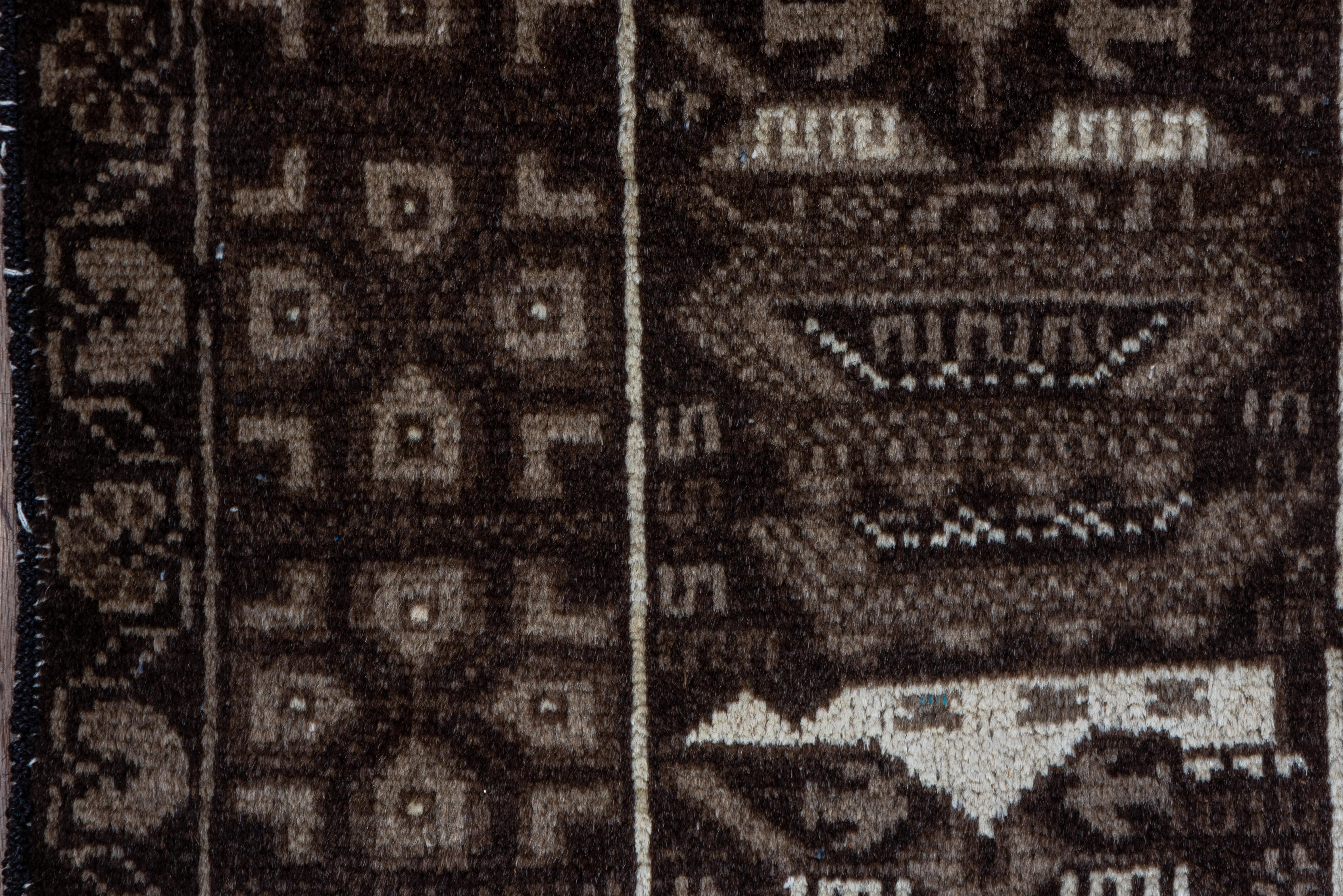 Mid-20th Century Tribal Belouch Scatter Rug, Dark Espresso Brown Field, Gray and White Accents For Sale