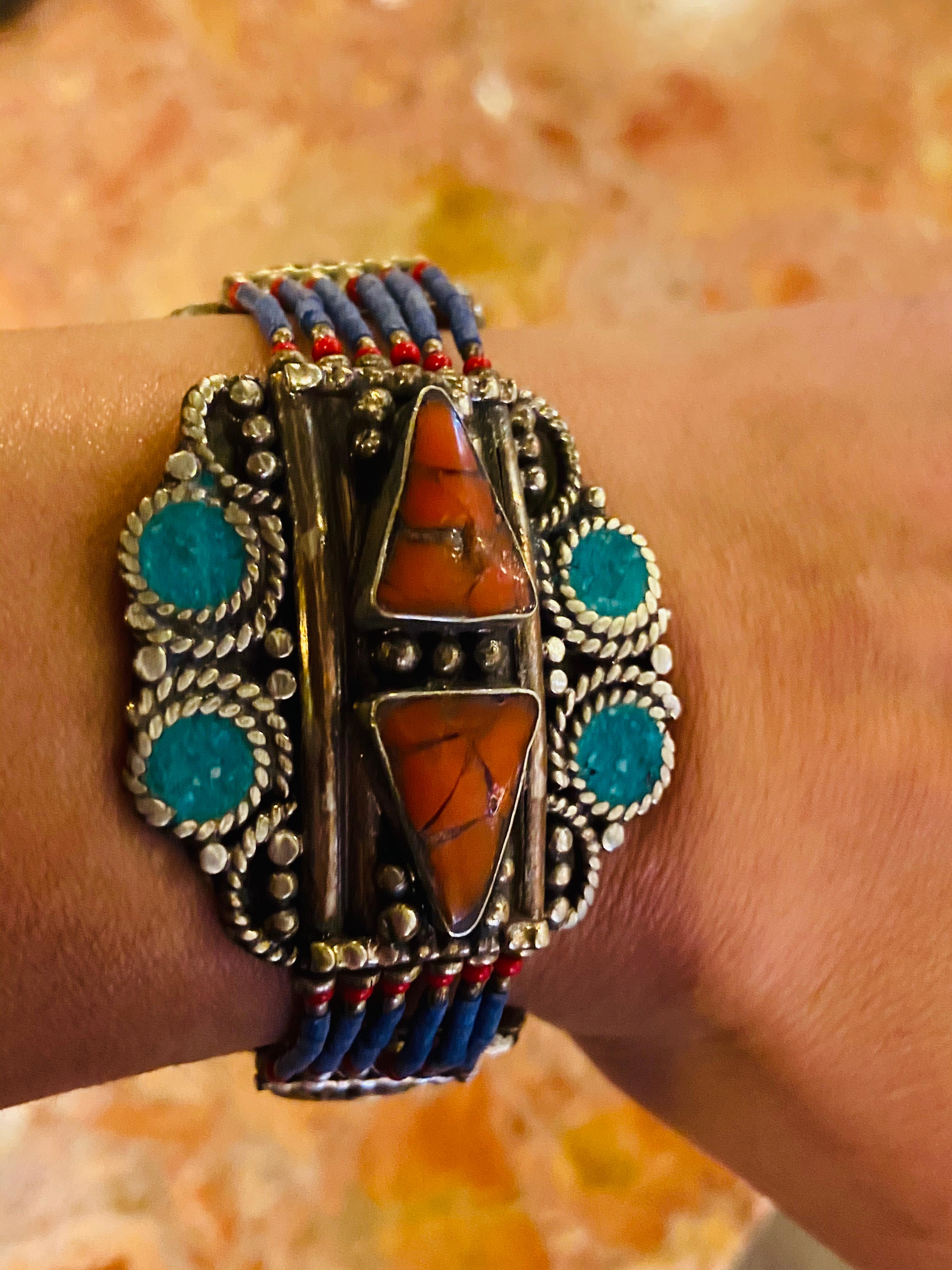 Tribal Berber Moroccan Antique Silver Bracelet with Multi-Gem Stones For Sale 4