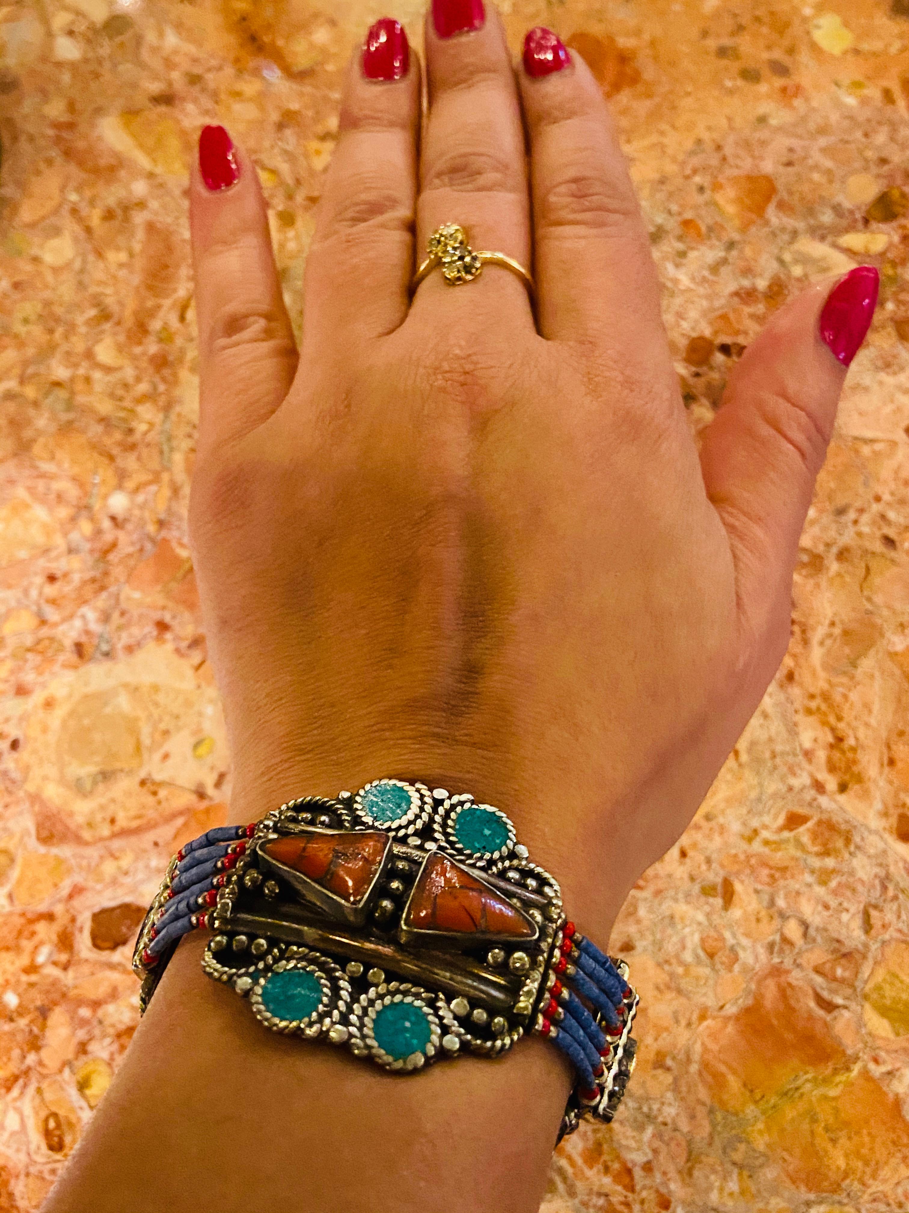Tribal Berber Moroccan Antique Silver Bracelet with Multi-Gem Stones For Sale 5