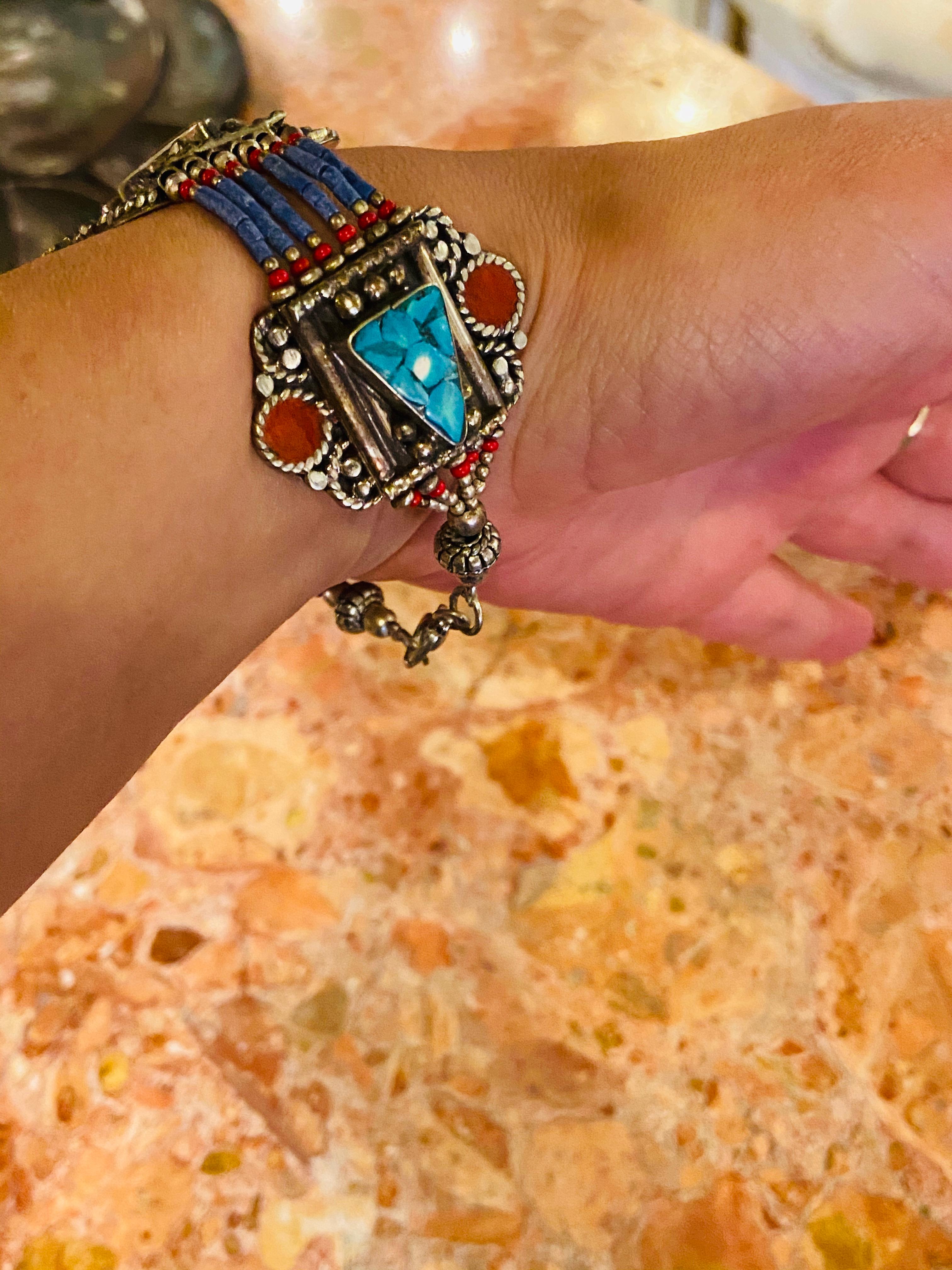 Tribal Berber Moroccan Antique Silver Bracelet with Multi-Gem Stones For Sale 6