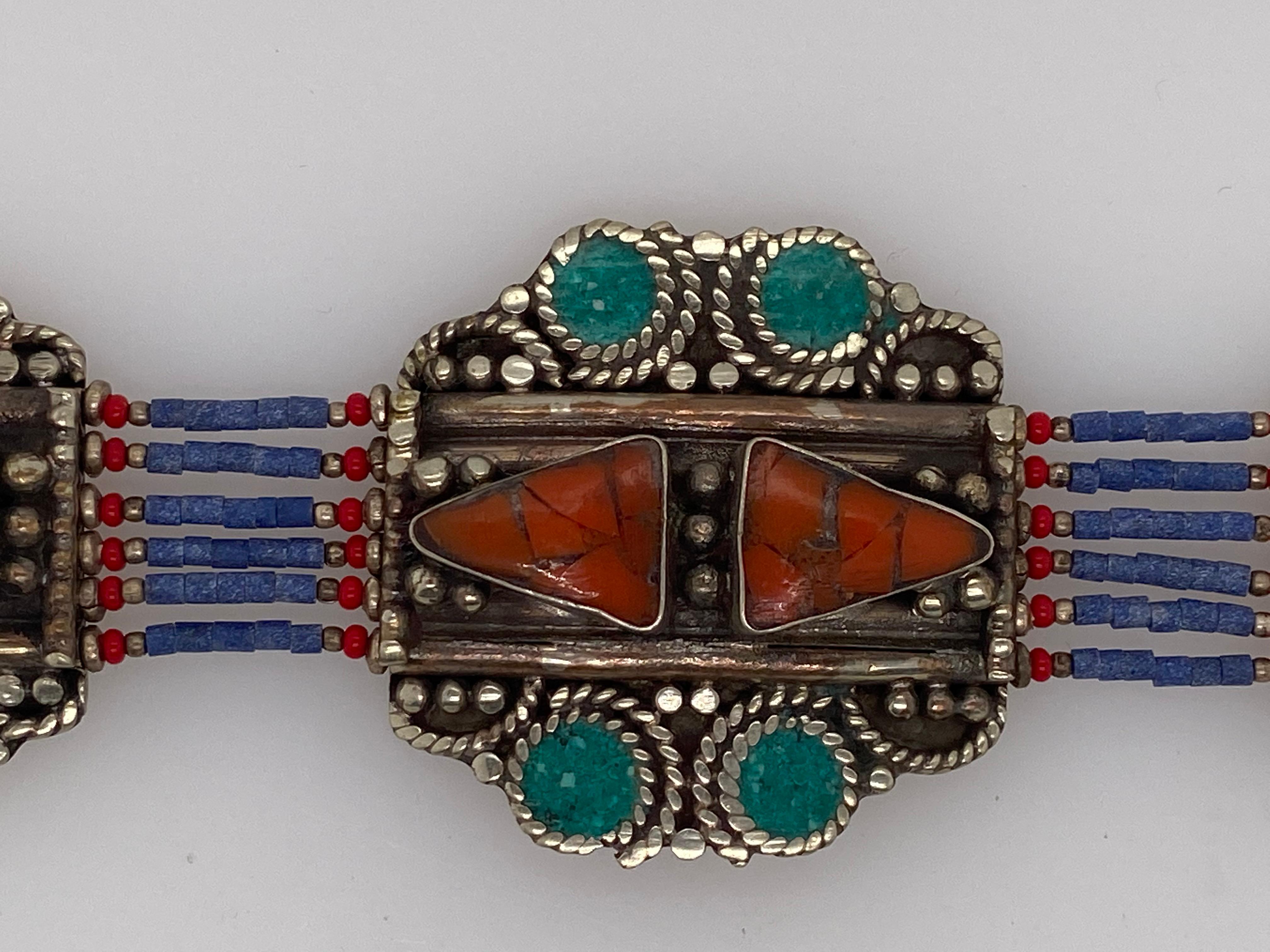 20th Century Tribal Berber Moroccan Antique Silver Bracelet with Multi-Gem Stones For Sale