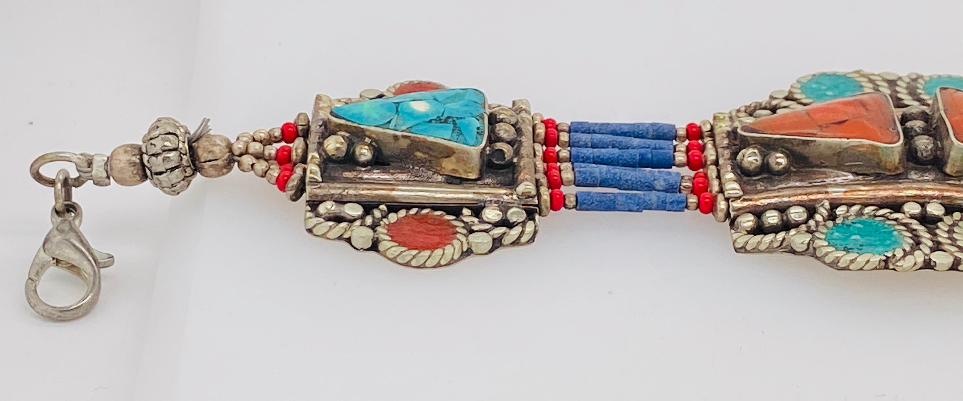 Tribal Berber Moroccan Antique Silver Bracelet with Multi-Gem Stones For Sale 1
