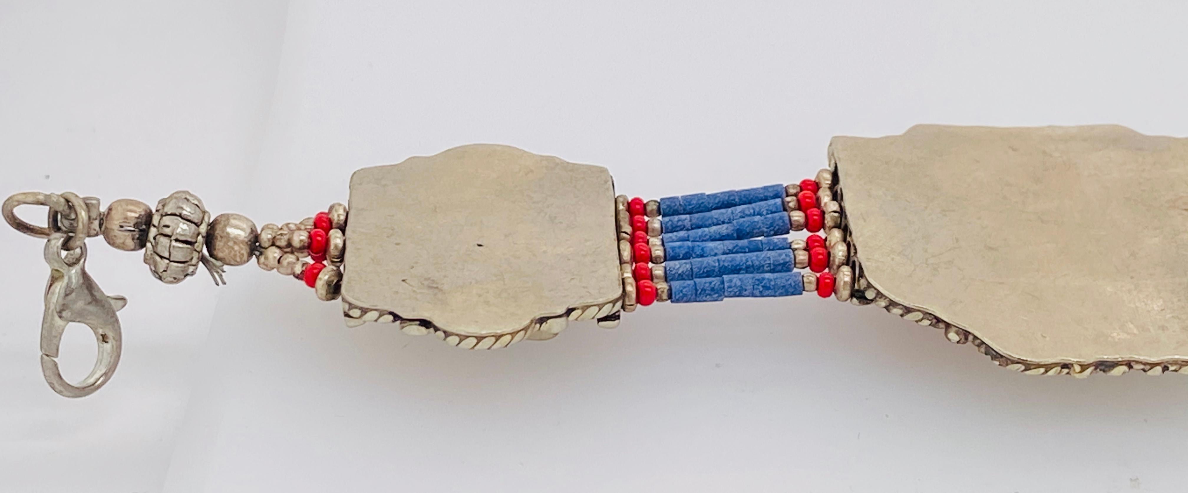 Tribal Berber Moroccan Antique Silver Bracelet with Multi-Gem Stones For Sale 2