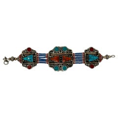 Tribal Berber Moroccan Antique Silver Bracelet with Multi-Gem Stones