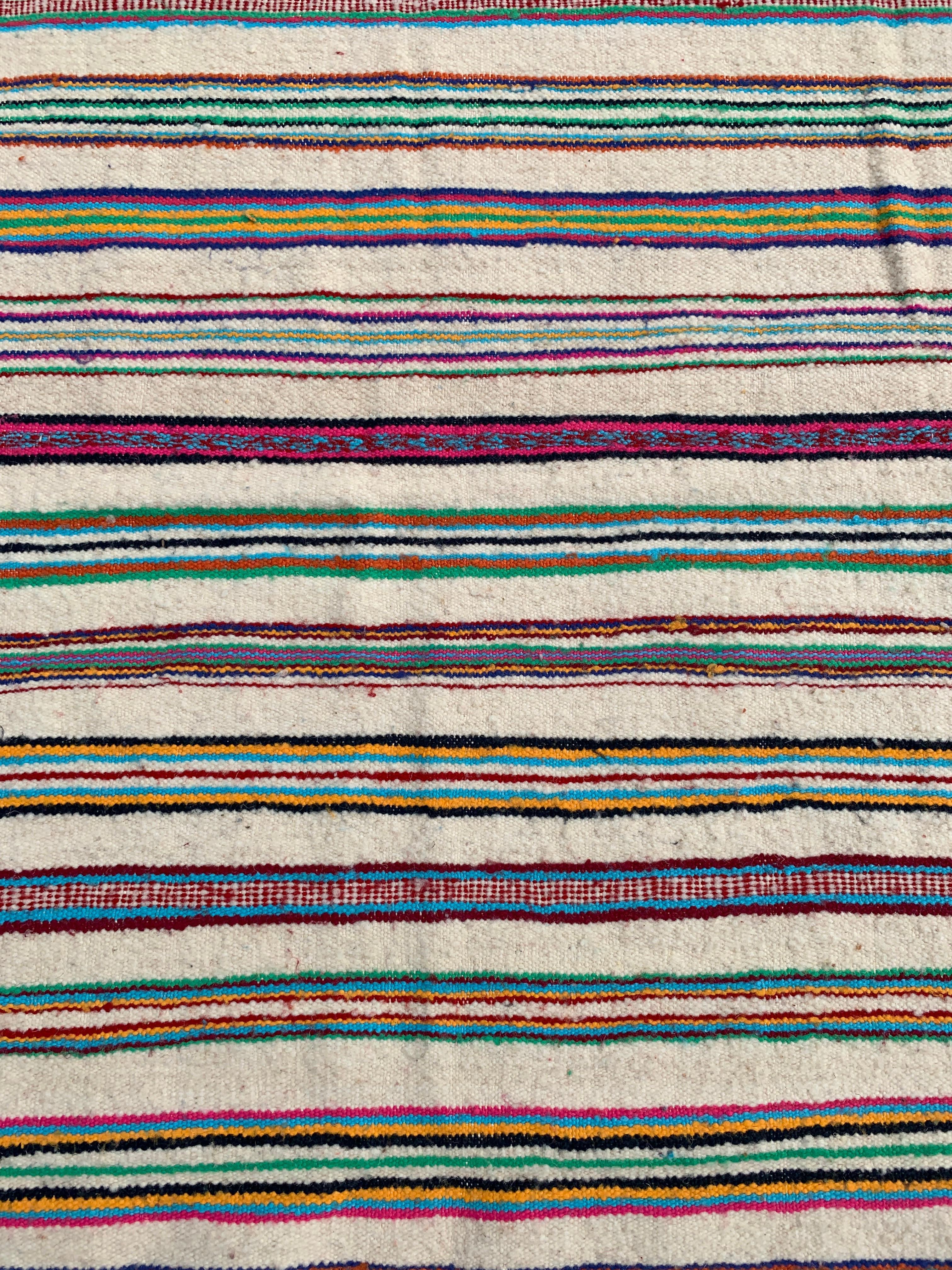 Hand-Woven Tribal Berber Stripped Rug Sofa Throw Handmade Wool Vintage Boho Algerian 1970s For Sale
