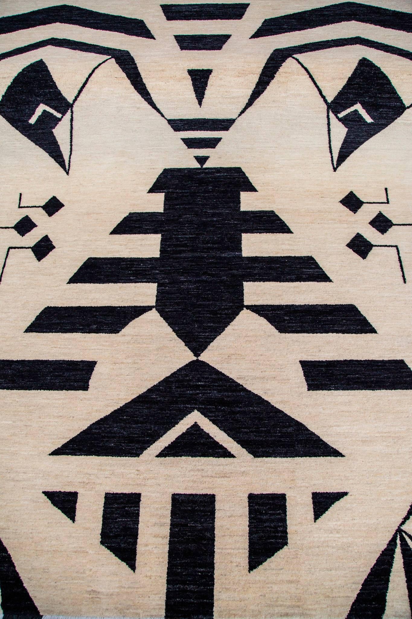 Modern Black - Cream Beige Geometric Wool Rug with Face Rustic hand knotted carpet For Sale