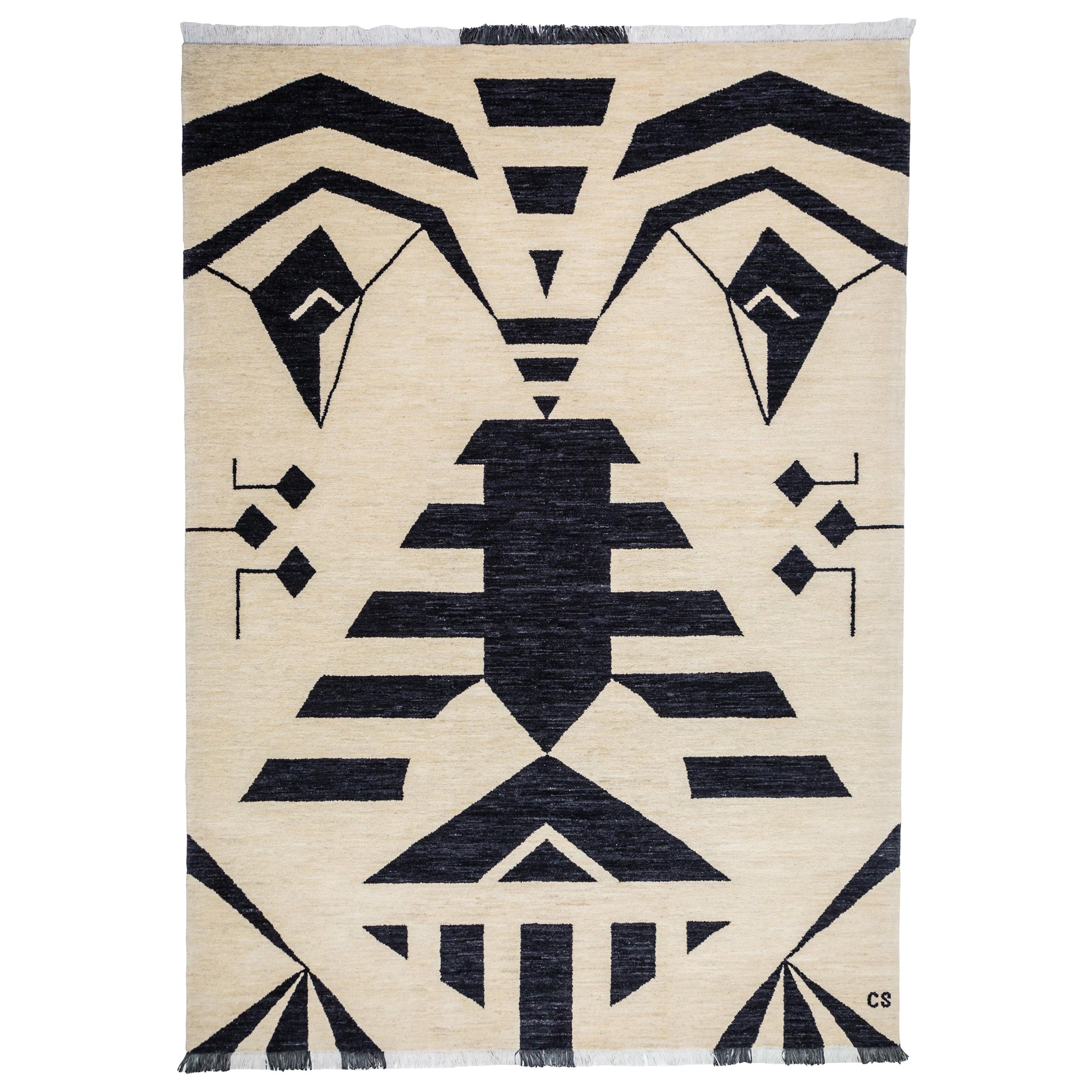 Black - Cream Beige Geometric Wool Rug with Face Rustic hand knotted carpet