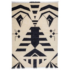 Black - Cream Beige Geometric Wool Rug with Face Rustic hand knotted carpet