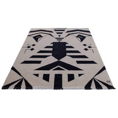 Negro Tribal - Moderno Único Crema Beige Alfombra Geométrica de Lana con Cara Rústica