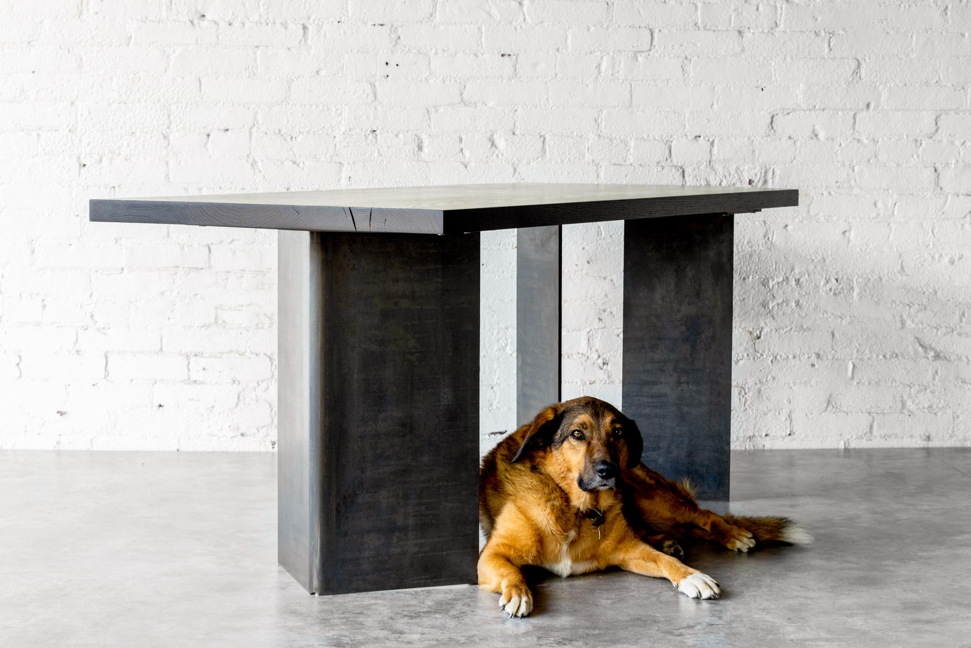 Modern Tribal Blackened Oak and Steel Table by Autonomous Furniture For Sale