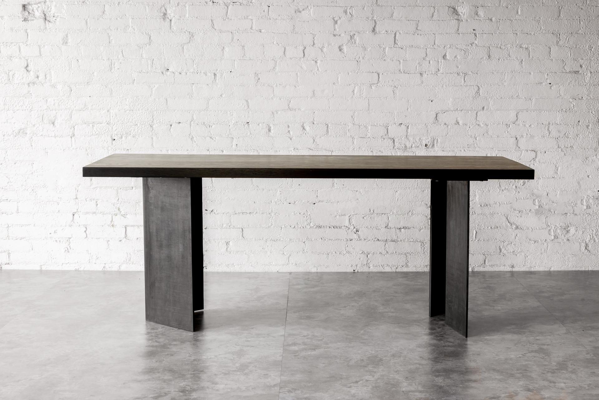Hand-Crafted Tribal Blackened Oak and Steel Table by Autonomous Furniture For Sale
