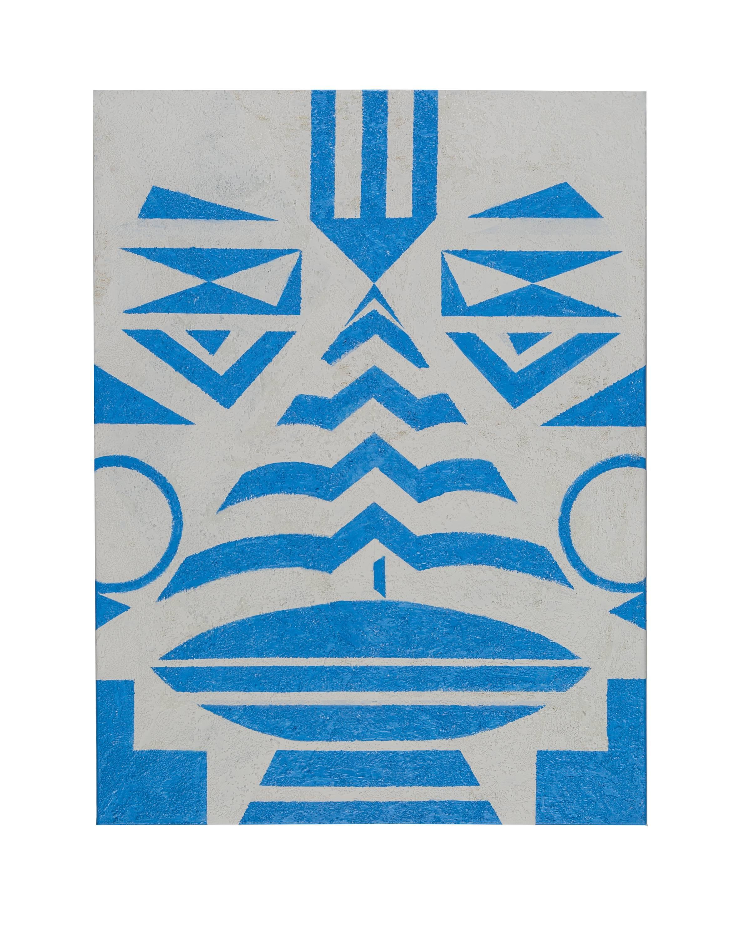 About the painting “Tribal Blue” 
Cecilia's interpretation of a tribal face in geometrical form.
The whole painting is relief to create a rustic feeling. 
It is the forerunner of the Tribal Collection in a series of
carpets in black, pastell blue