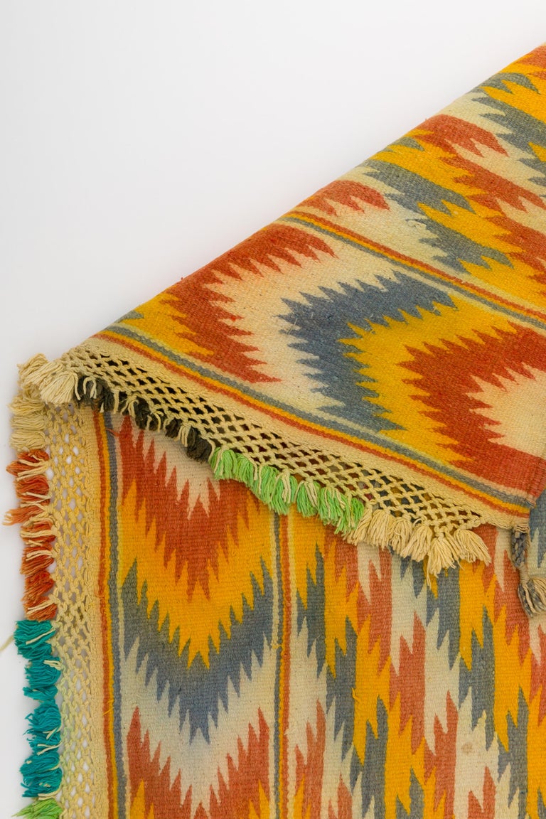 Hand-Woven Tribal Blue and Yellow Chevron Pattern Rajasthani Indian Dhurrie Rug For Sale