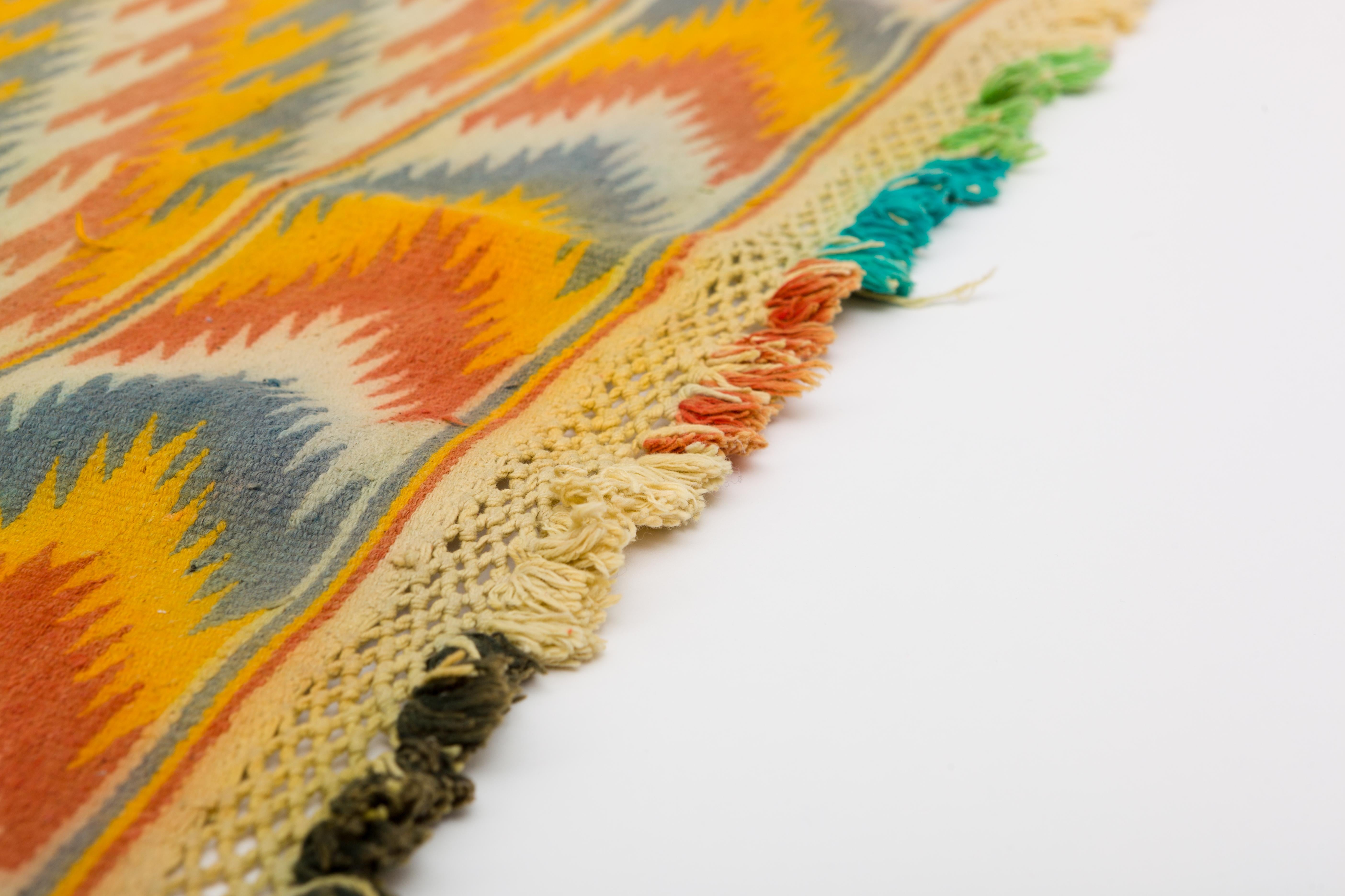 Tribal Vintage Rajasthani Indian Blue and Yellow Chevron Pattern Flat-Weave Dhurrie Rug For Sale