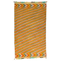 Vintage Rajasthani Indian Blue and Yellow Chevron Pattern Flat-Weave Dhurrie Rug