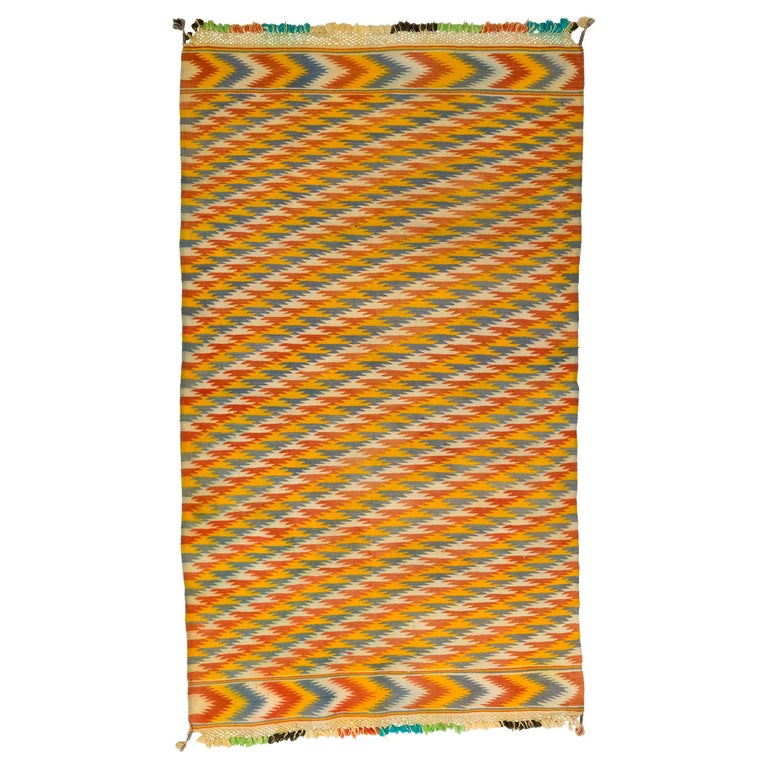 Tribal Blue and Yellow Chevron Pattern Rajasthani Indian Dhurrie Rug For Sale