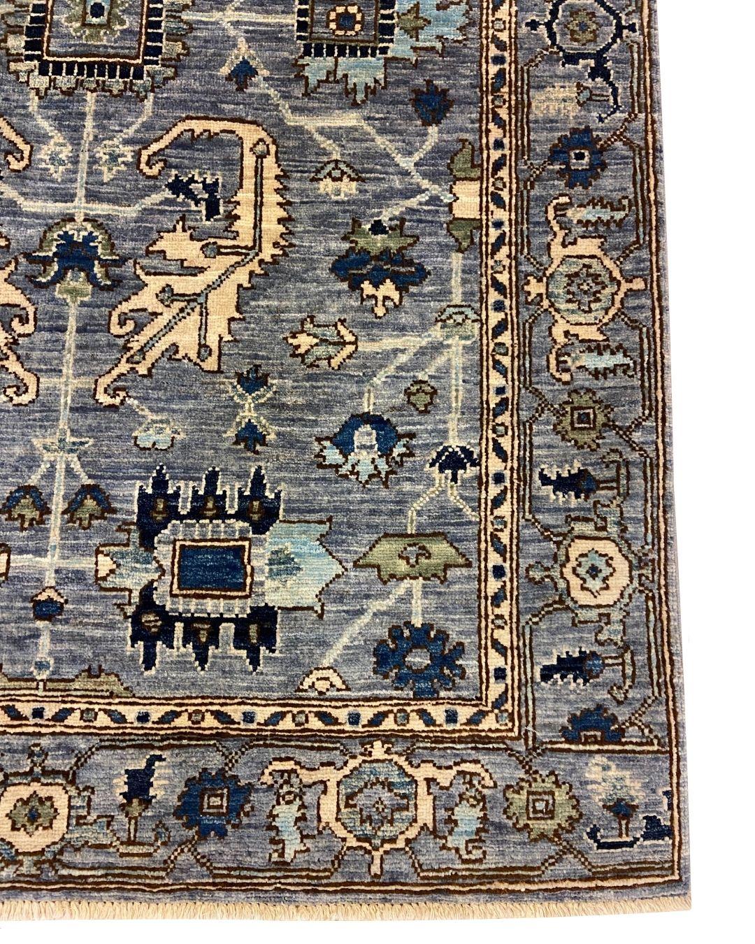 Vegetable Dyed Tribal Blue, Cream, Green & Tan Wool Persian Rug with Geometric Motifs, 3' x 5' For Sale