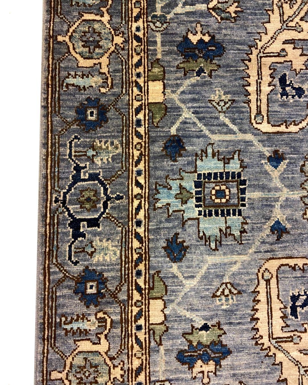 Contemporary Tribal Blue, Cream, Green & Tan Wool Persian Rug with Geometric Motifs, 3' x 5' For Sale
