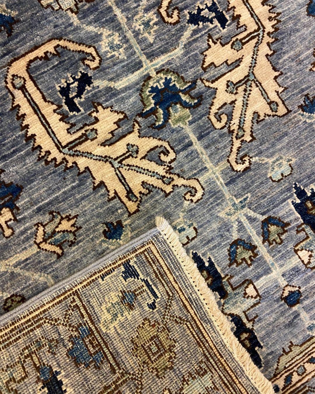 Tribal Blue, Cream, Green & Tan Wool Persian Rug with Geometric Motifs, 3' x 5' For Sale 2