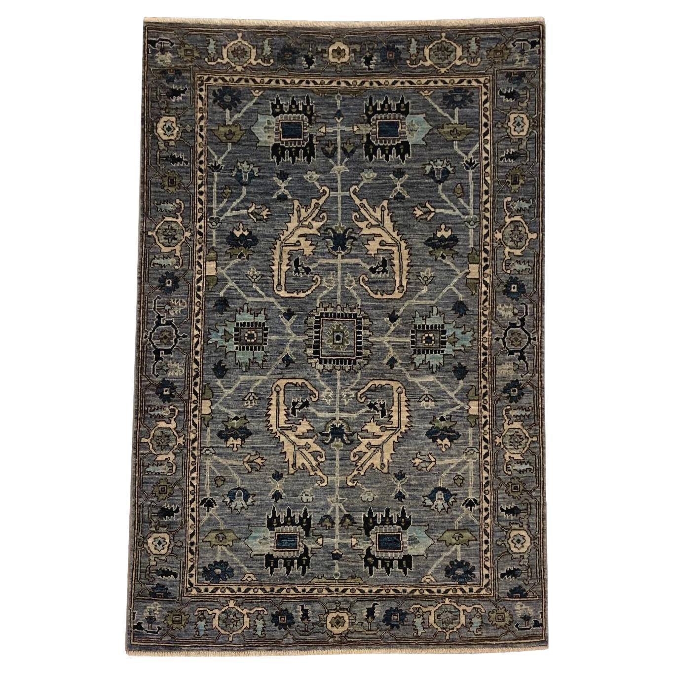 Tribal Blue, Cream, Green & Tan Wool Persian Rug with Geometric Motifs, 3' x 5' For Sale