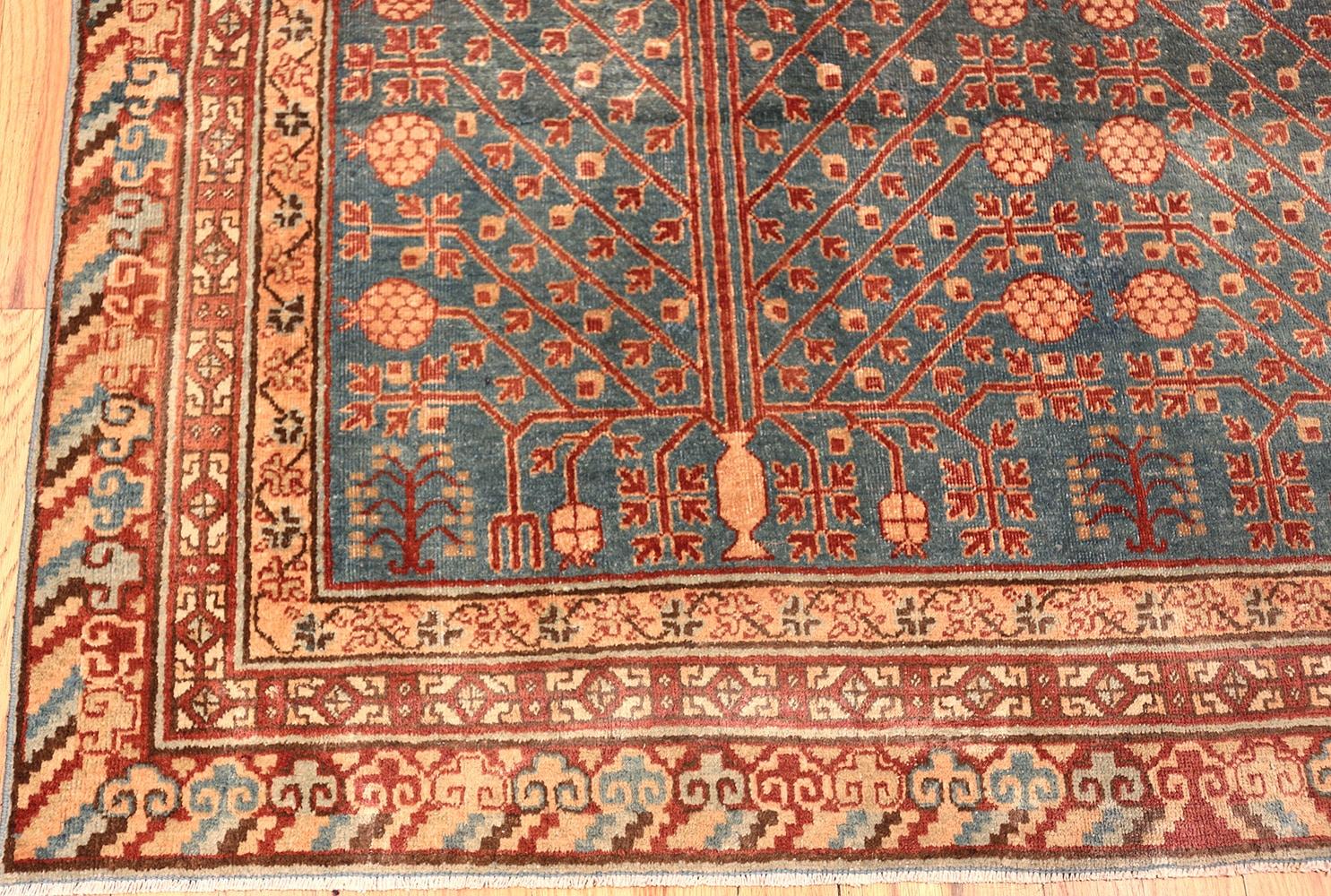 Hand-Knotted Tribal Blue Grey Antique Pomegranate Khotan Rug. Size: 6 ft 2 in x 13 ft