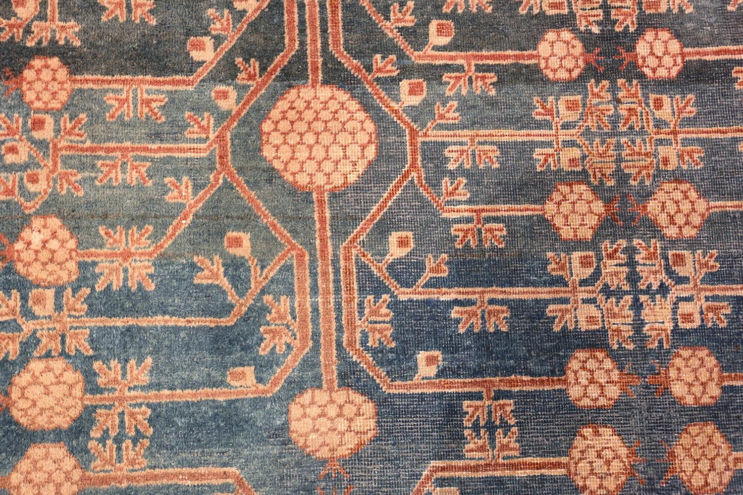 Tribal Blue Grey Antique Pomegranate Khotan Rug. Size: 6 ft 2 in x 13 ft In Fair Condition In New York, NY