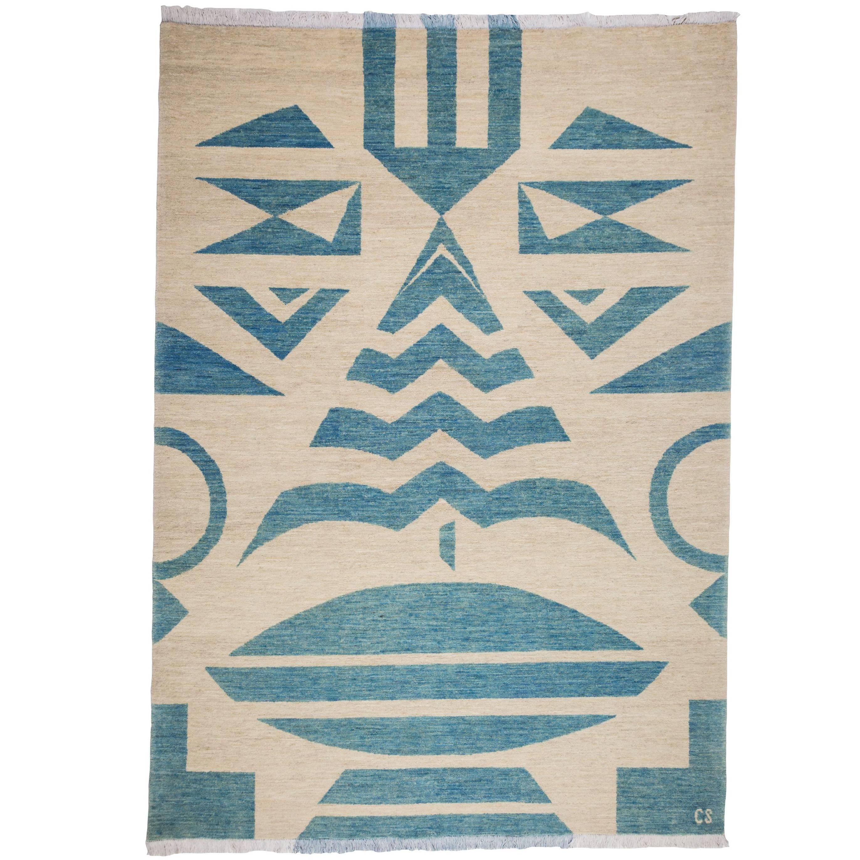 Geometric Wool Rug Blue Tribe Face designed by Cecilia Setterdahl for