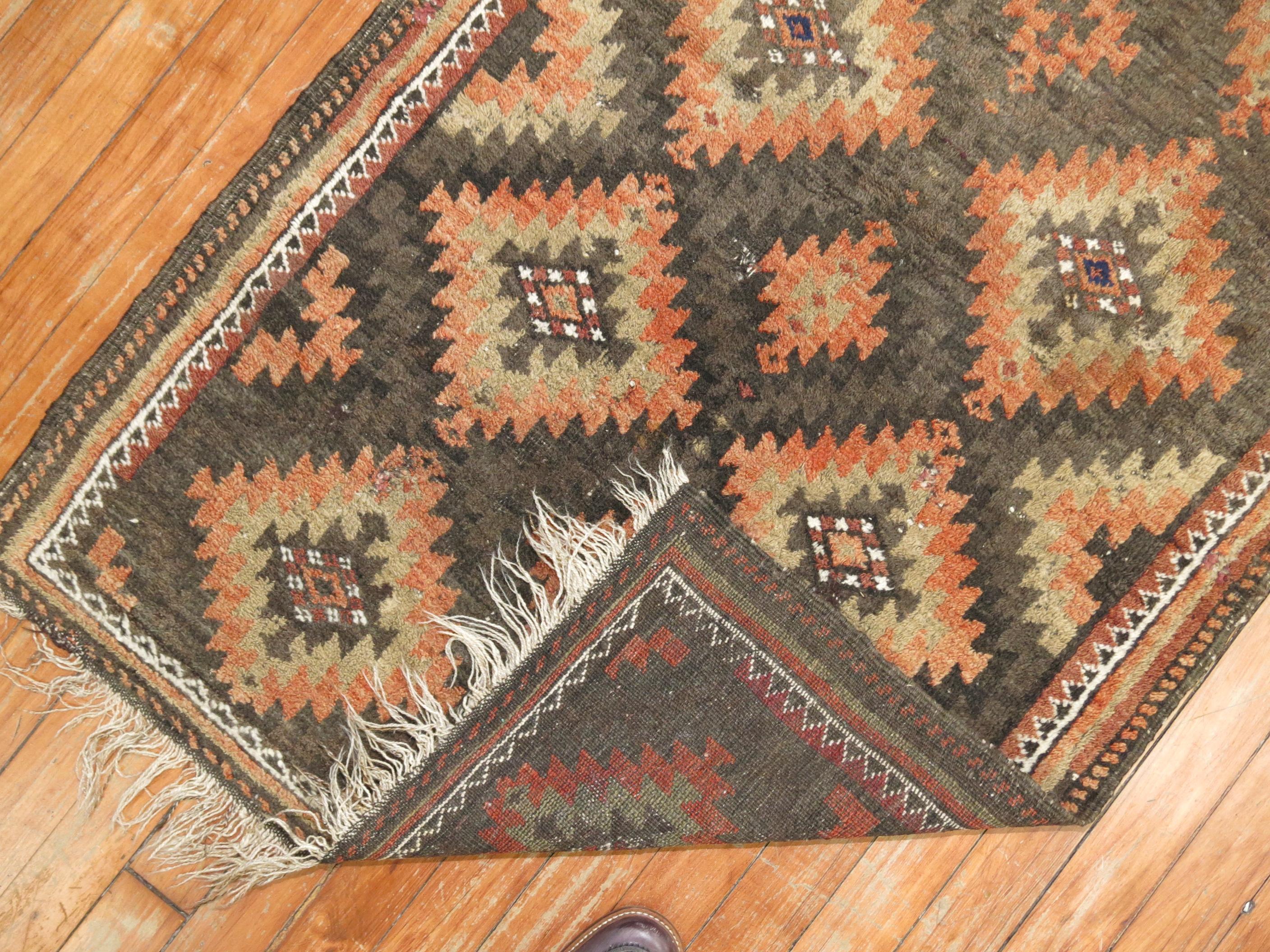 Hand-Woven Tribal Brown Orange Color Persian Balouch Rug For Sale