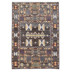 Tappeto Tribale in Lana Geometrica Marrone, Giallo, Arancione e Blu 5'8''x8'2''