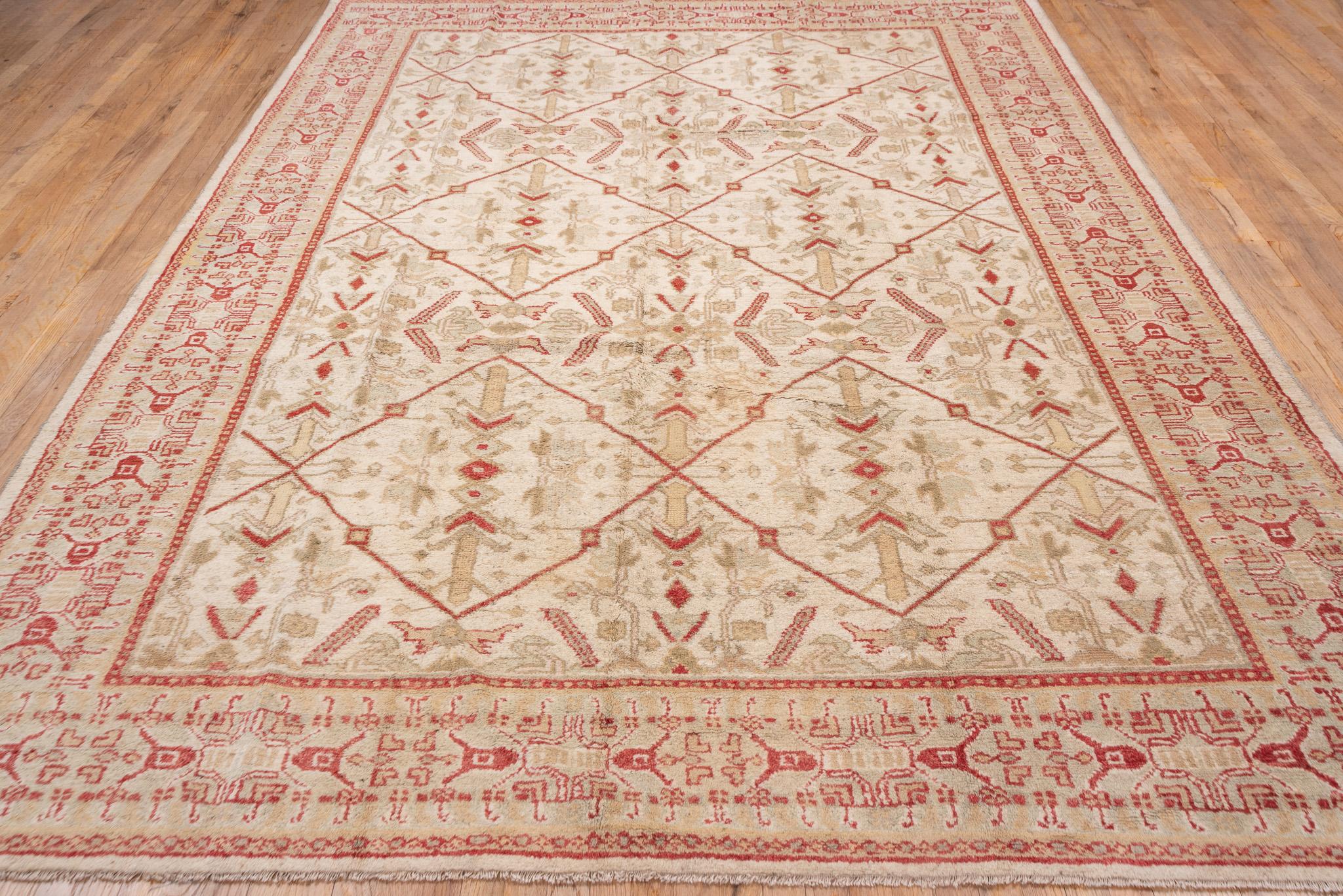 Wool Tribal Camel Oushak with Red Geometry For Sale