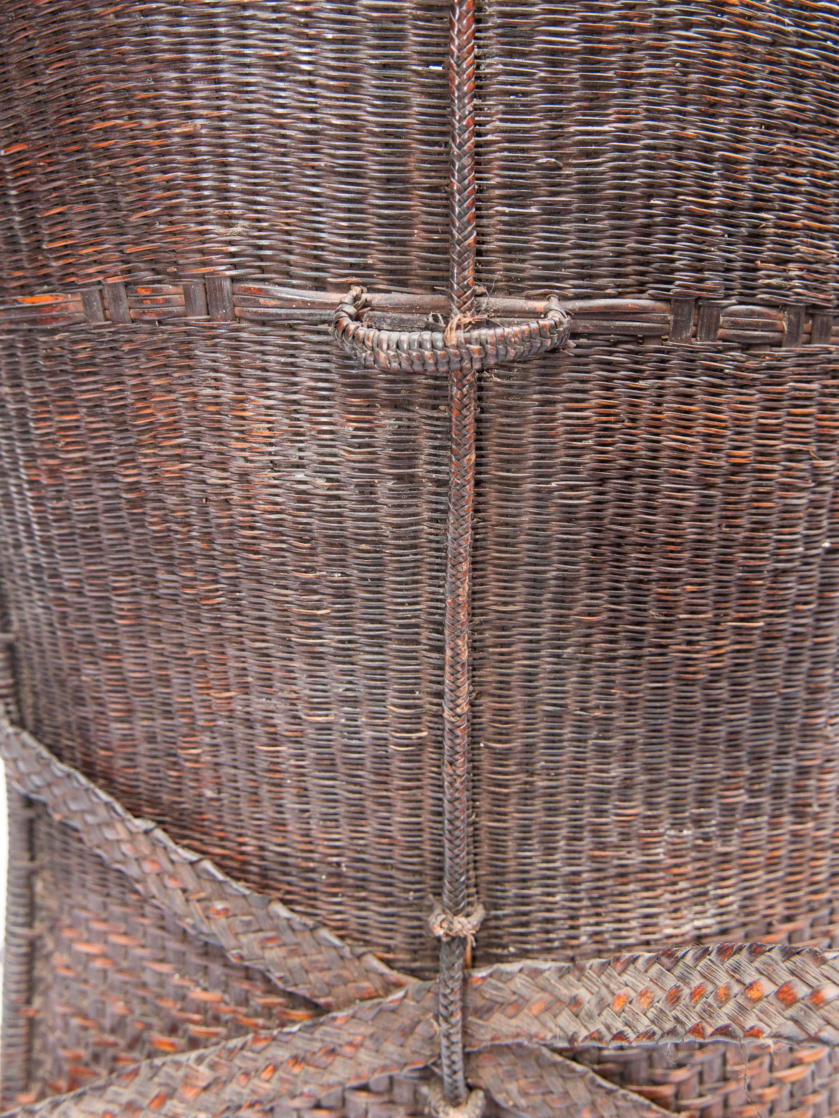 Tribal Carrying Basket from Laos, Mid-20th Century, Bamboo, Rattan, Wood Base 5