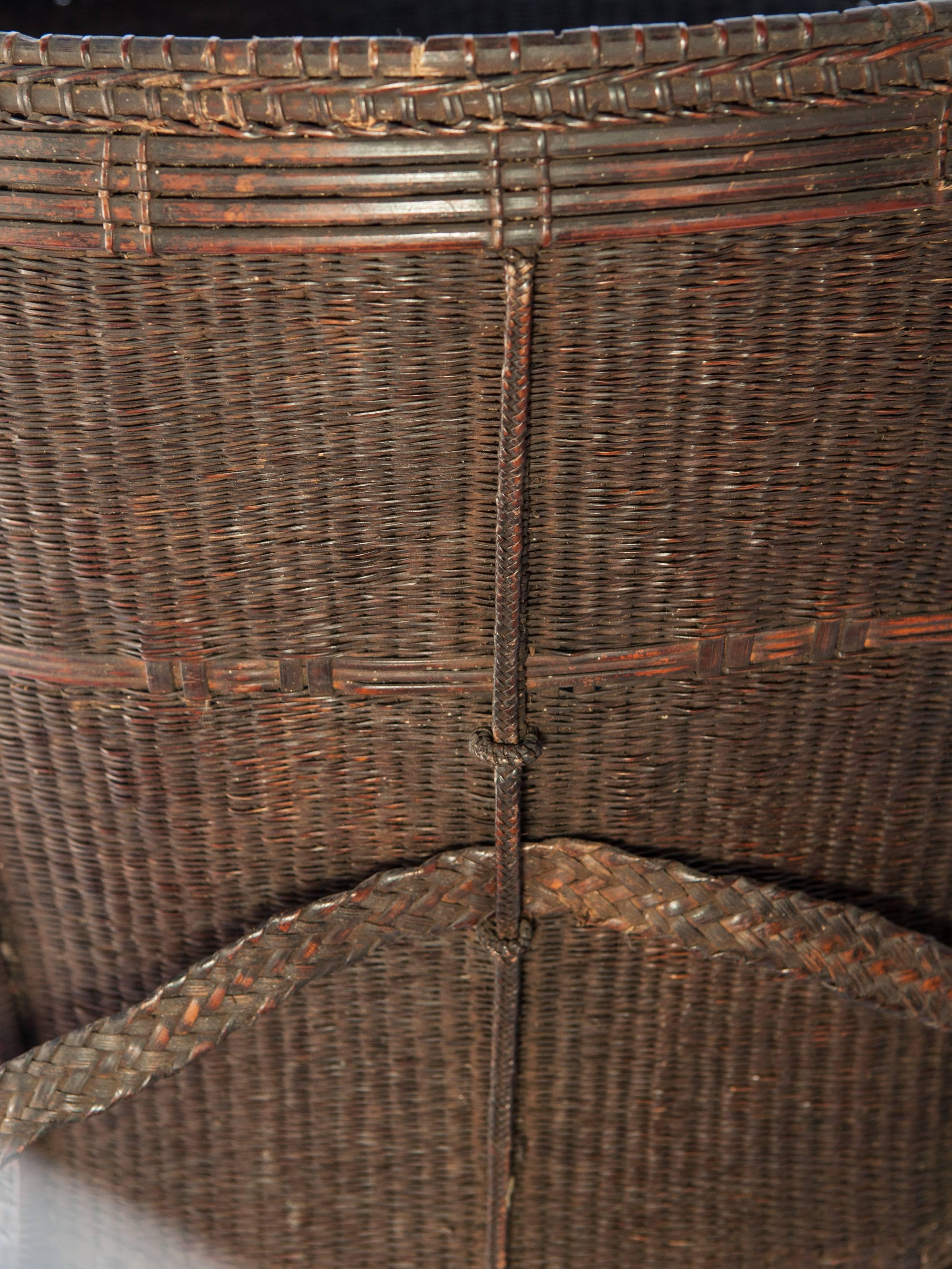 Tribal Carrying Basket from Laos, Mid-20th Century, Bamboo, Rattan, Wood Base 6