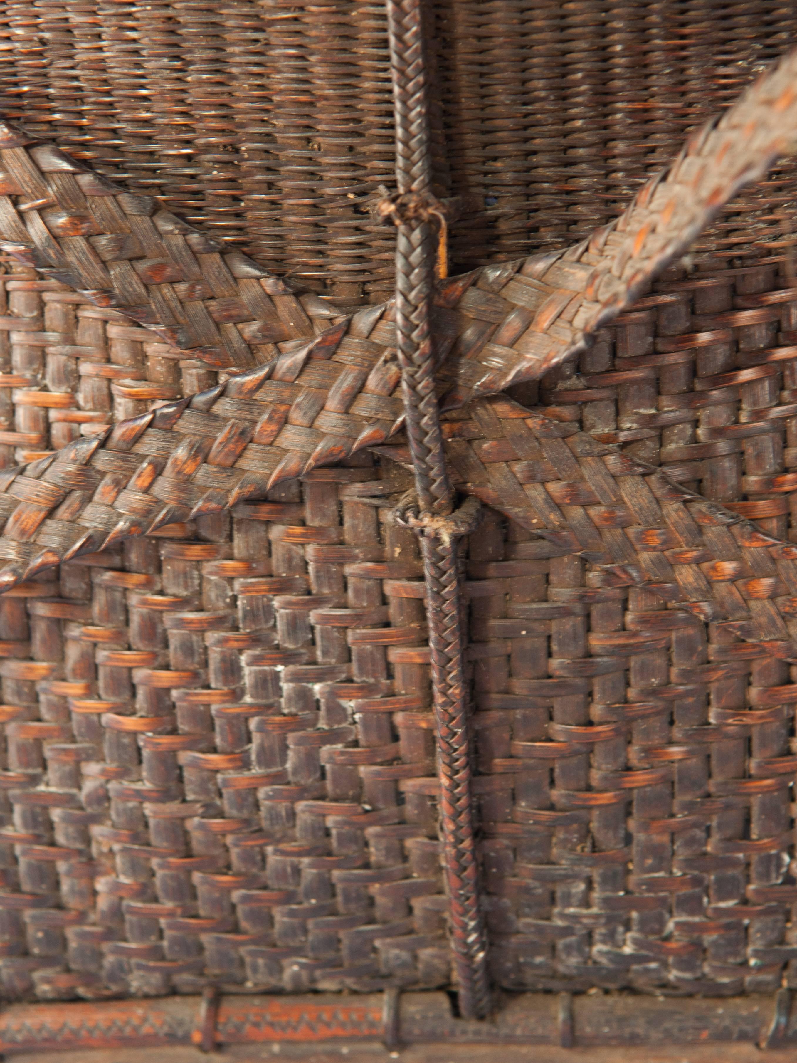 Tribal Carrying Basket from Laos, Mid-20th Century, Bamboo, Rattan, Wood Base 8