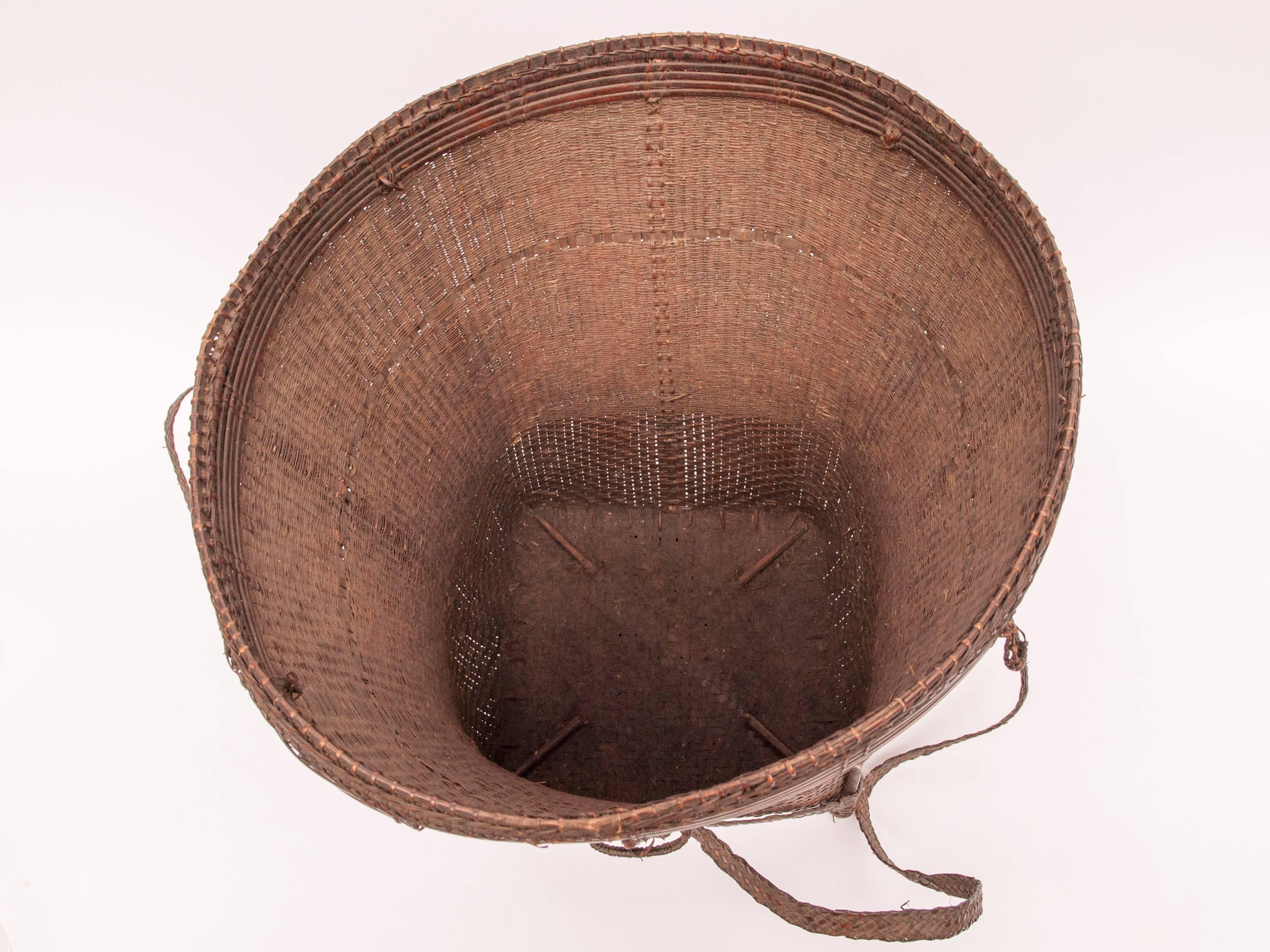 Tribal Carrying Basket from Laos, Mid-20th Century, Bamboo, Rattan, Wood Base 12