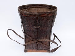Tribal Carrying Basket from Laos, Mid-20th Century, Bamboo, Rattan, Wood Base