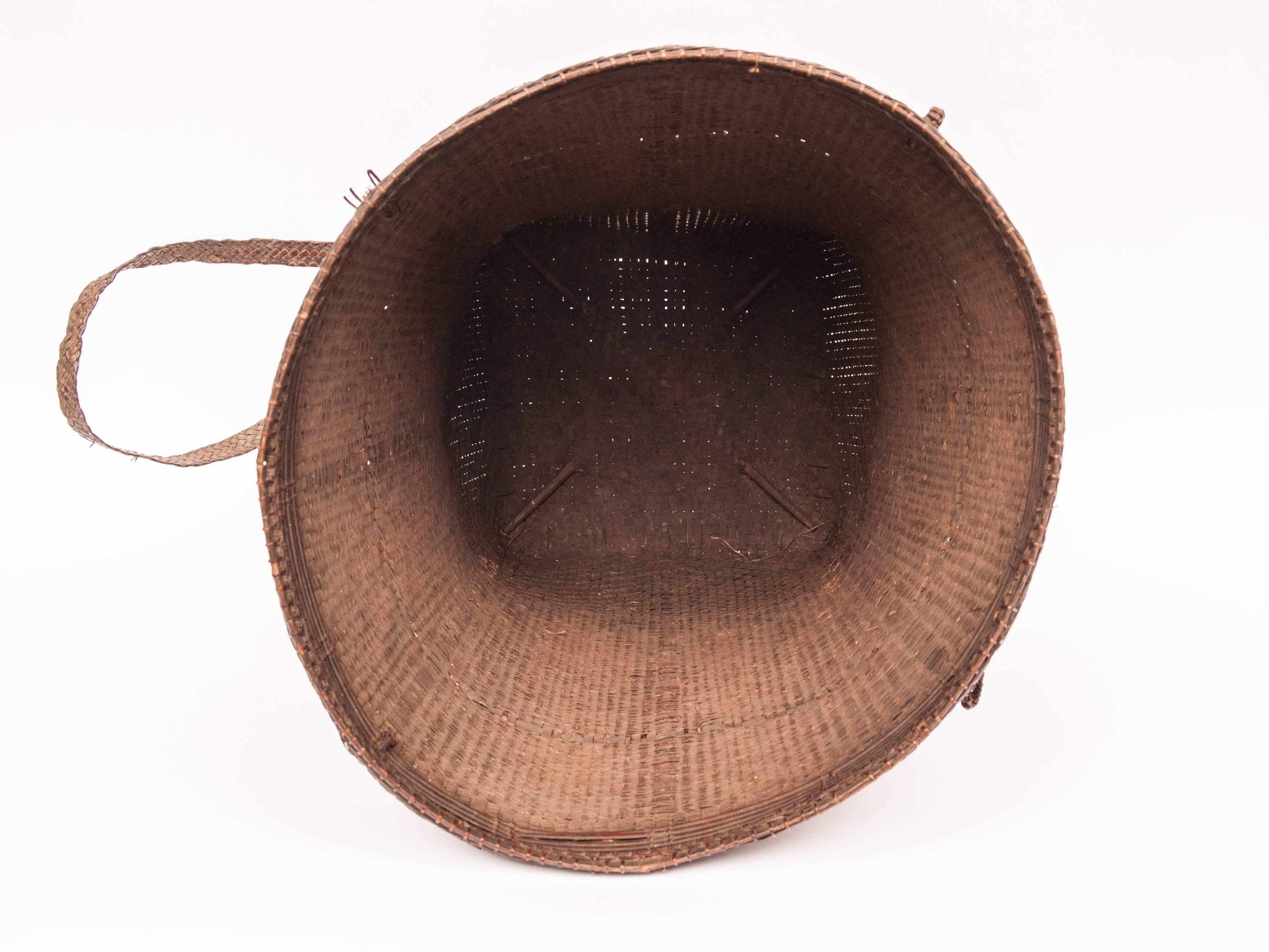 Tribal Carrying Basket from Laos, Mid-20th Century, Bamboo, Rattan, Wood Base 13