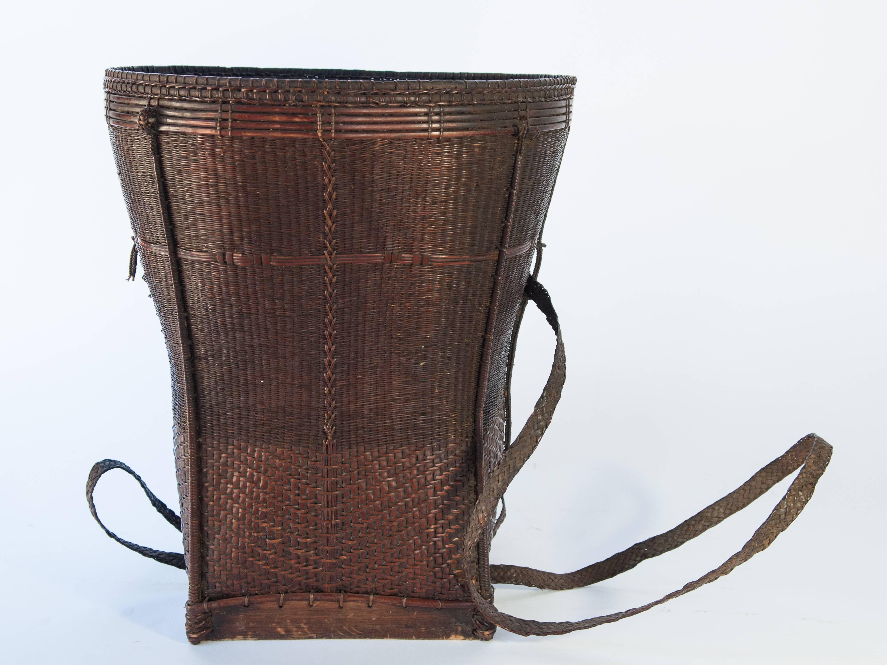 Laotian Tribal Carrying Basket from Laos, Mid-20th Century, Bamboo, Rattan, Wood Base