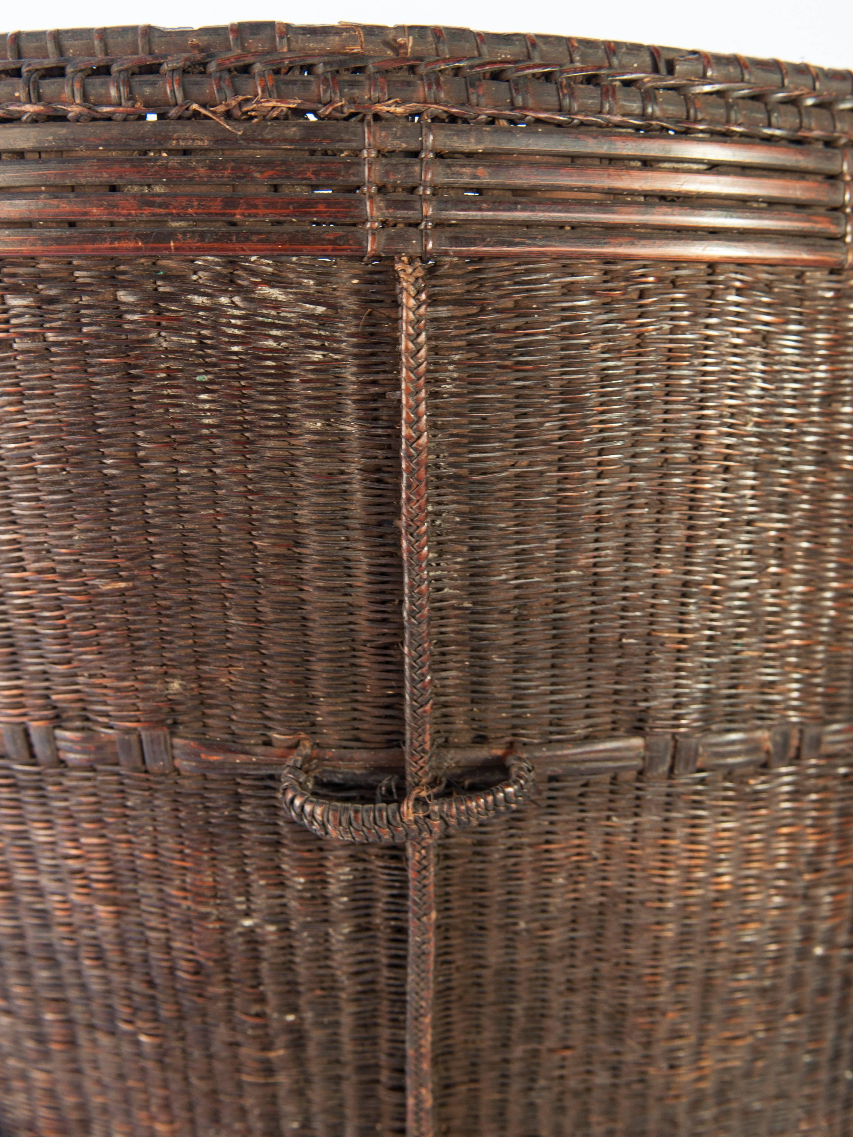 Tribal Carrying Basket from Laos, Mid-20th Century, Bamboo, Rattan, Wood Base 2