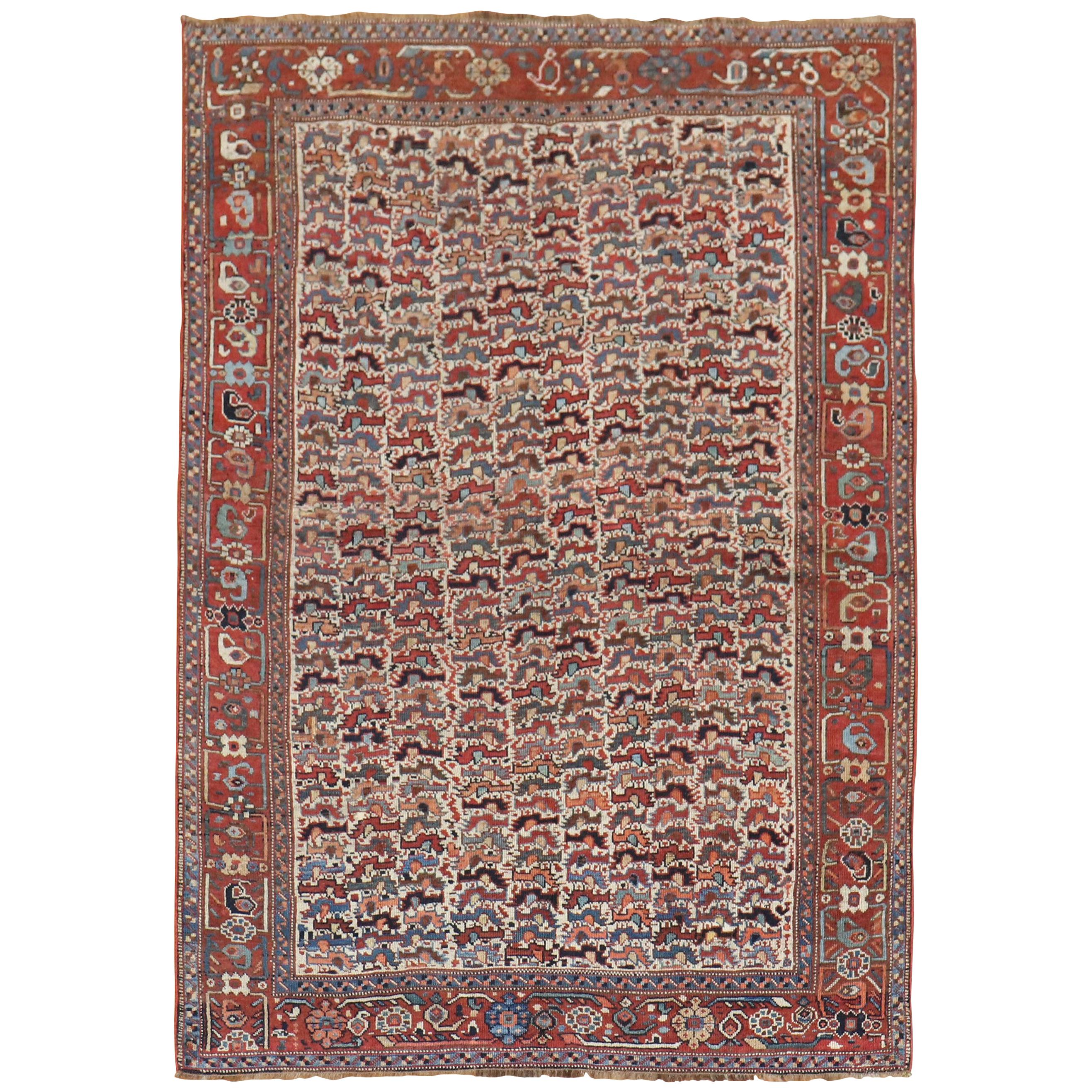 Tribal Chicken Motif Rustic Persian Afshar Accent Rug, Early 20th Century