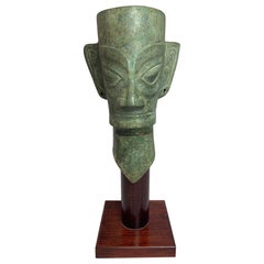 Tribal Chinese Metal Head Sculpture on Wooden Pedestal, 1930s
