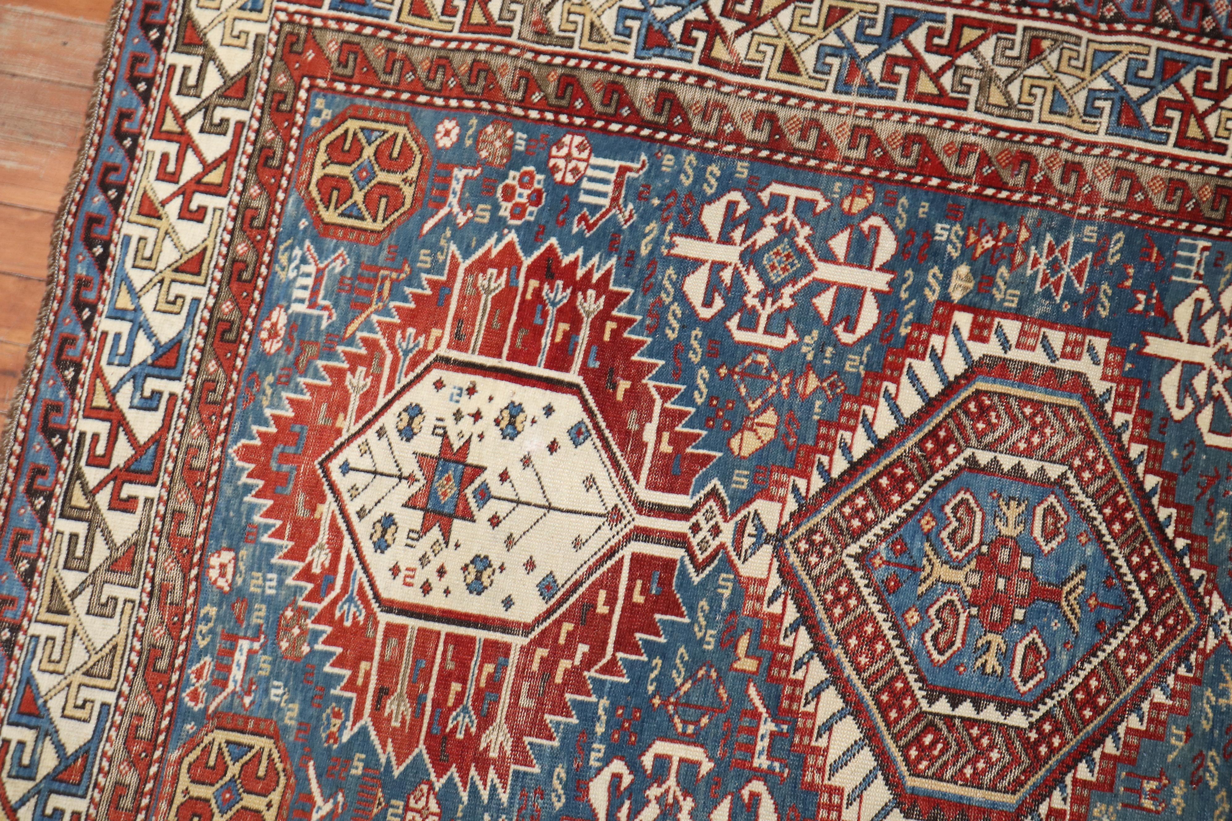 Zabihi Collection Tribal Blue 19th Century Antique Caucasian Shirvan Rug For Sale 2