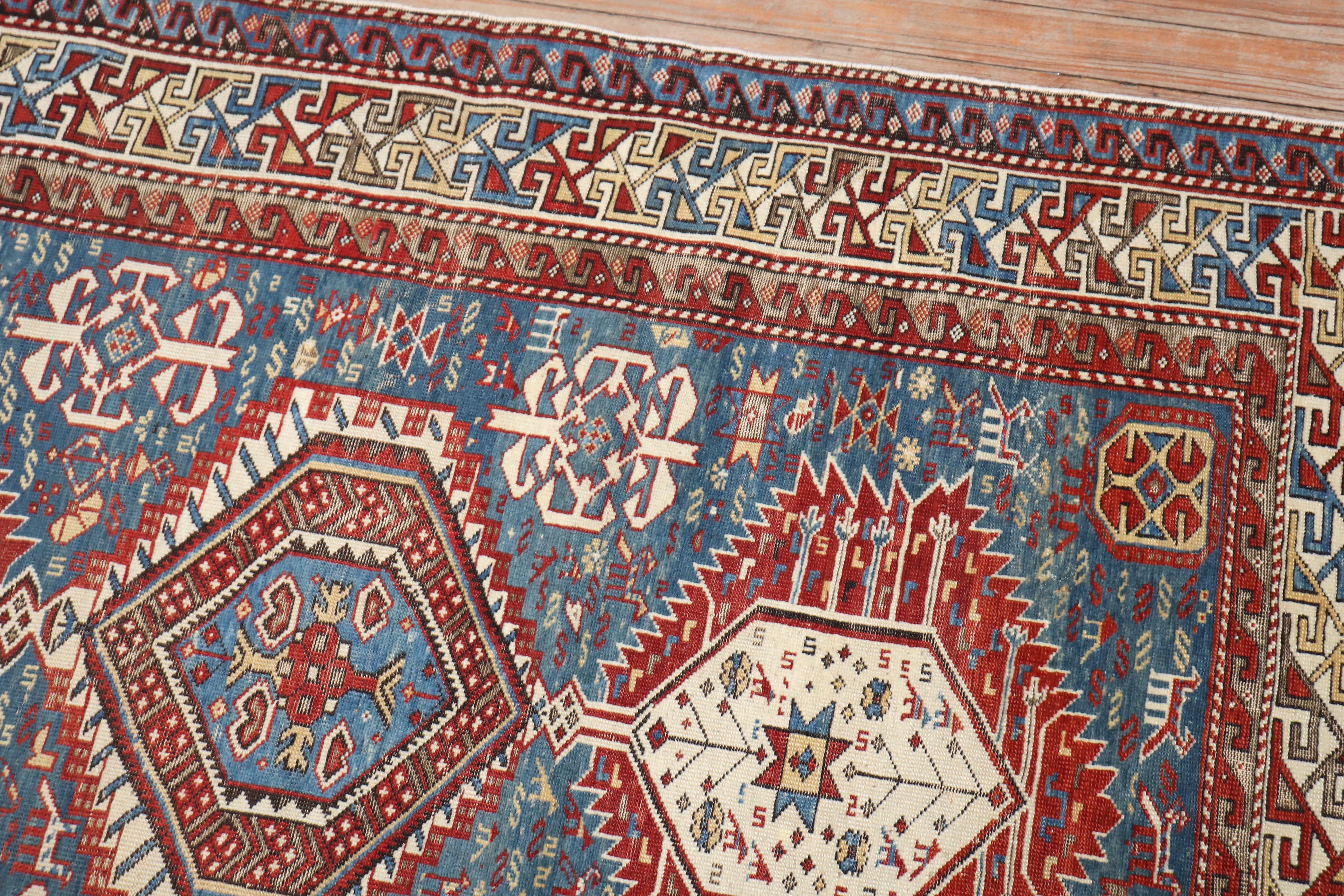 Zabihi Collection Tribal Blue 19th Century Antique Caucasian Shirvan Rug For Sale 3