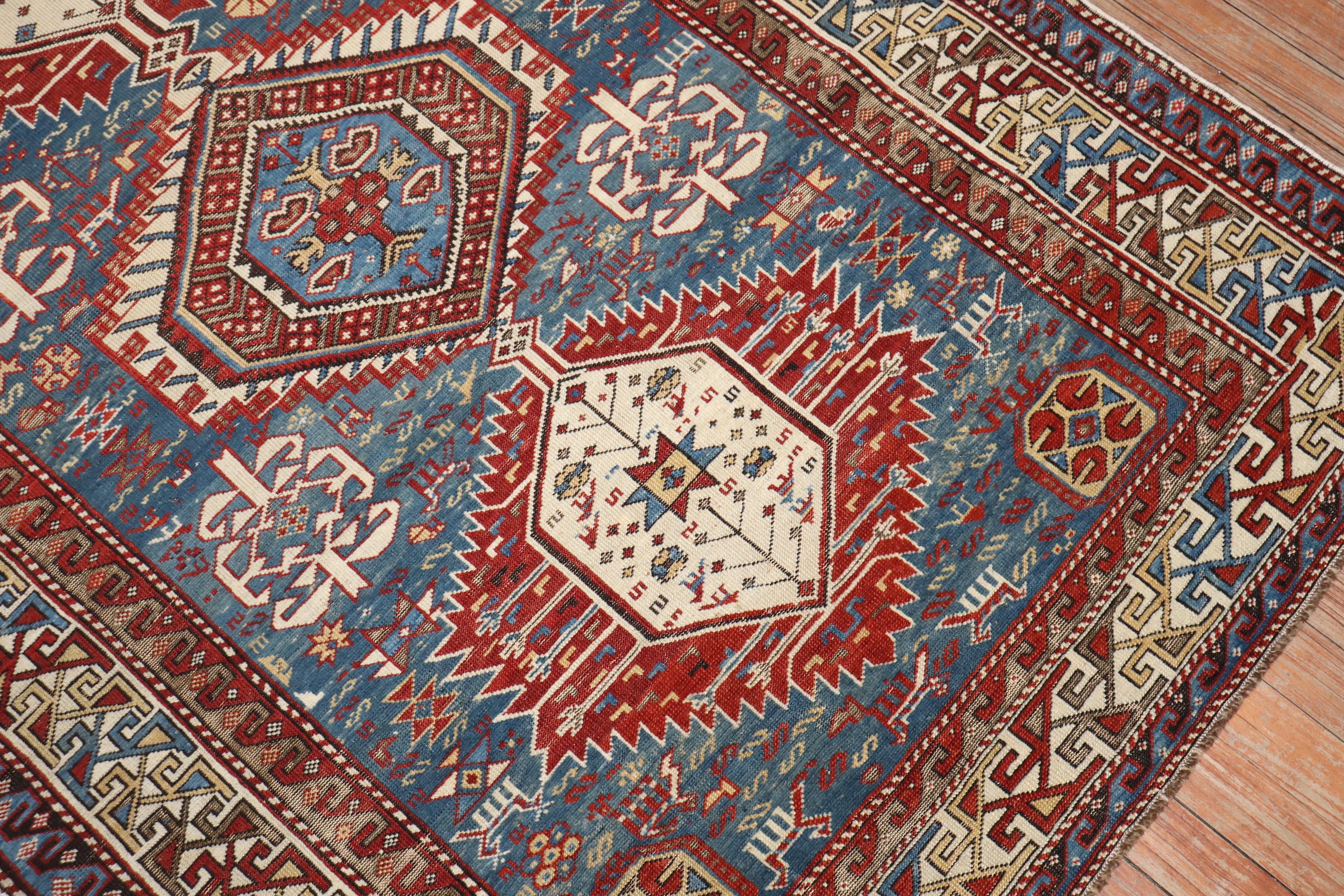 Kazak Zabihi Collection Tribal Blue 19th Century Antique Caucasian Shirvan Rug For Sale
