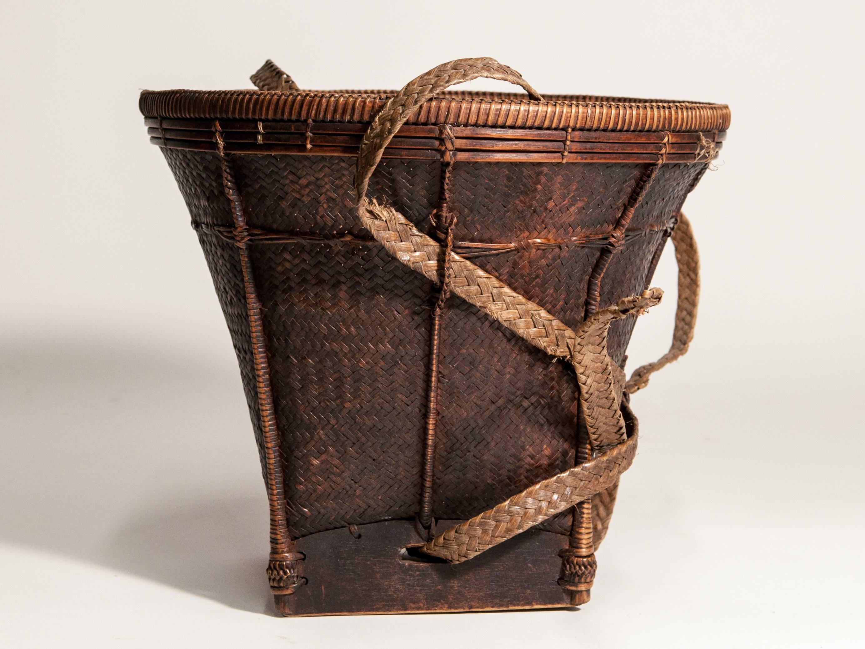 Hand-Crafted Tribal Collecting Basket from the Ata Pue Area of Laos, Mid-20th Century, Bamboo