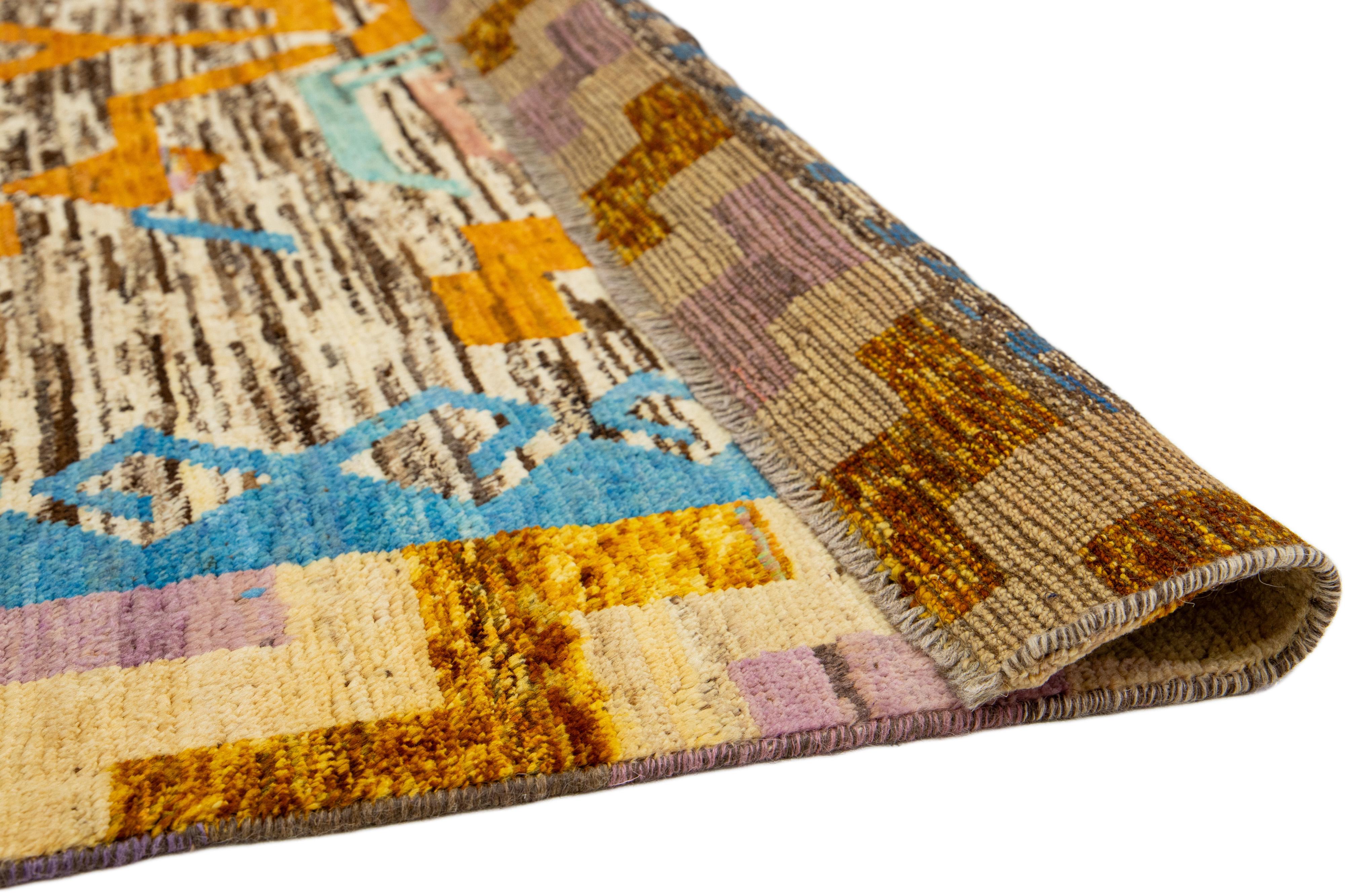 Afghan Tribal Contemporary Moroccan Style Handmade Wool Rug In Beige & Brown For Sale