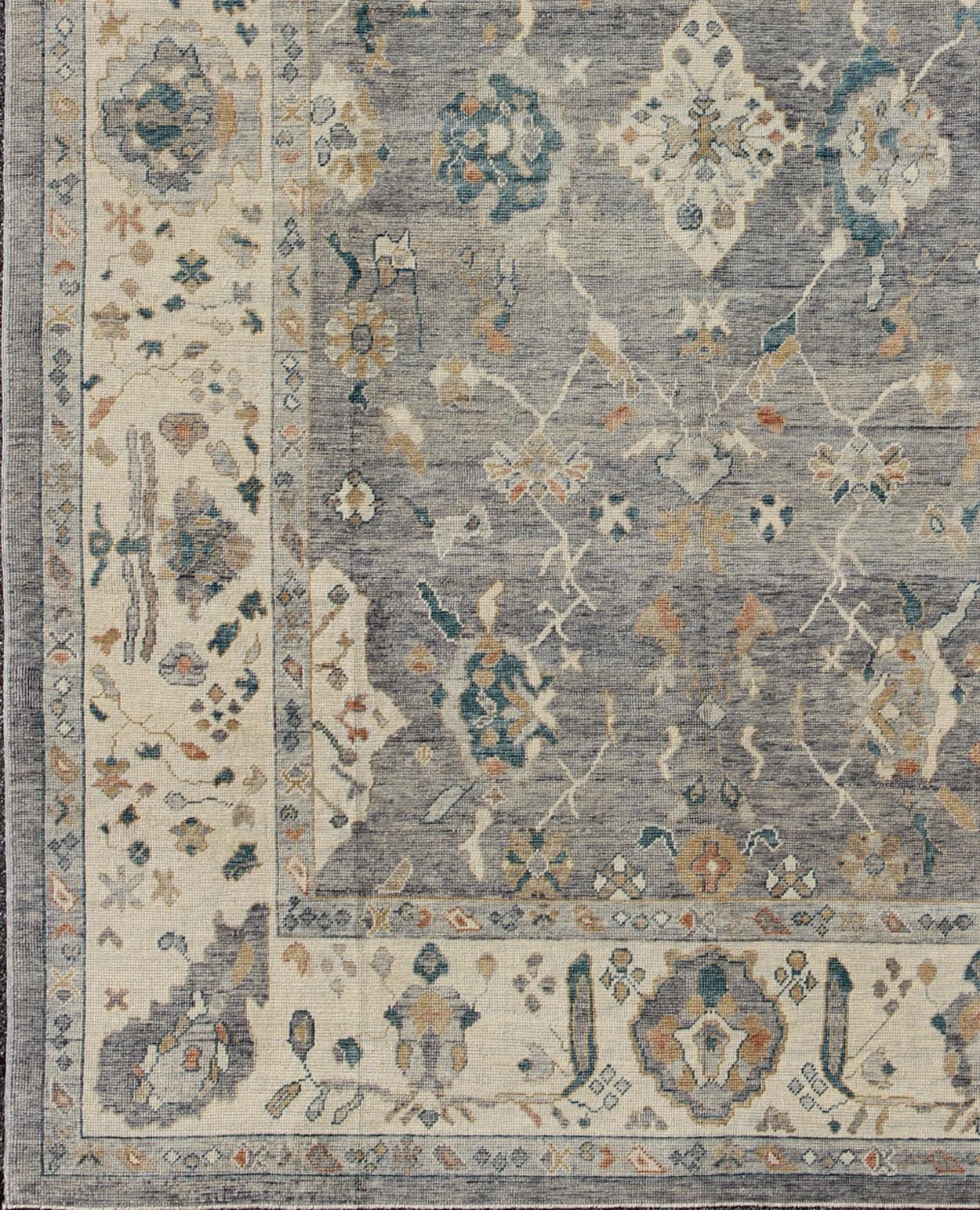 Hand-Knotted Tribal Design Hand Knotted Turkish Oushak Rug with Gray and Multi Colors For Sale