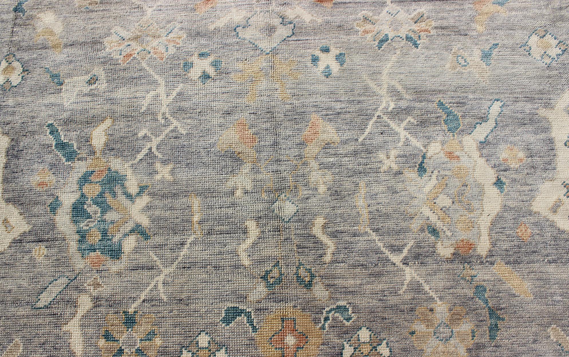 Wool Tribal Design Hand Knotted Turkish Oushak Rug with Gray and Multi Colors For Sale