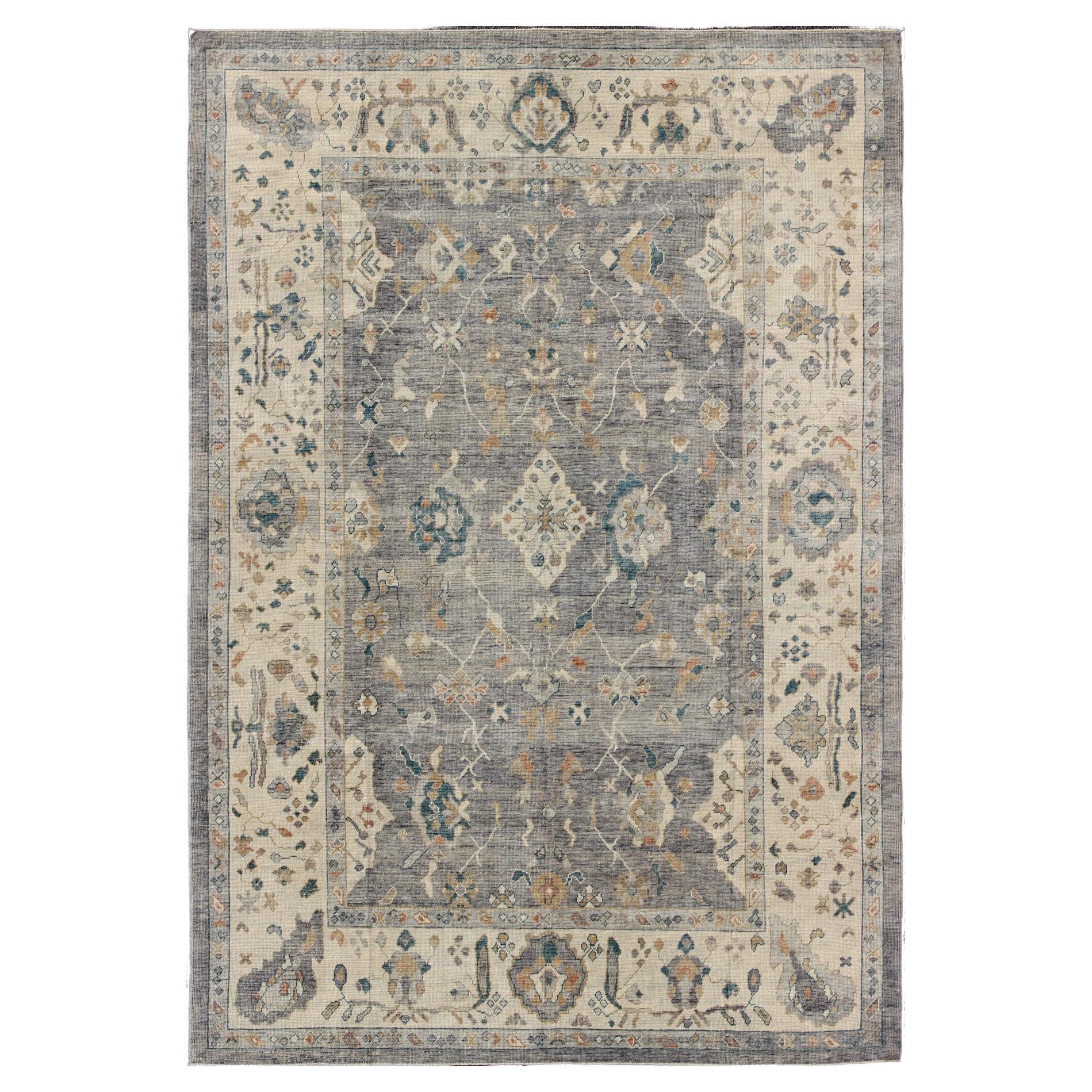 Tribal Design Hand Knotted Turkish Oushak Rug with Gray and Multi Colors