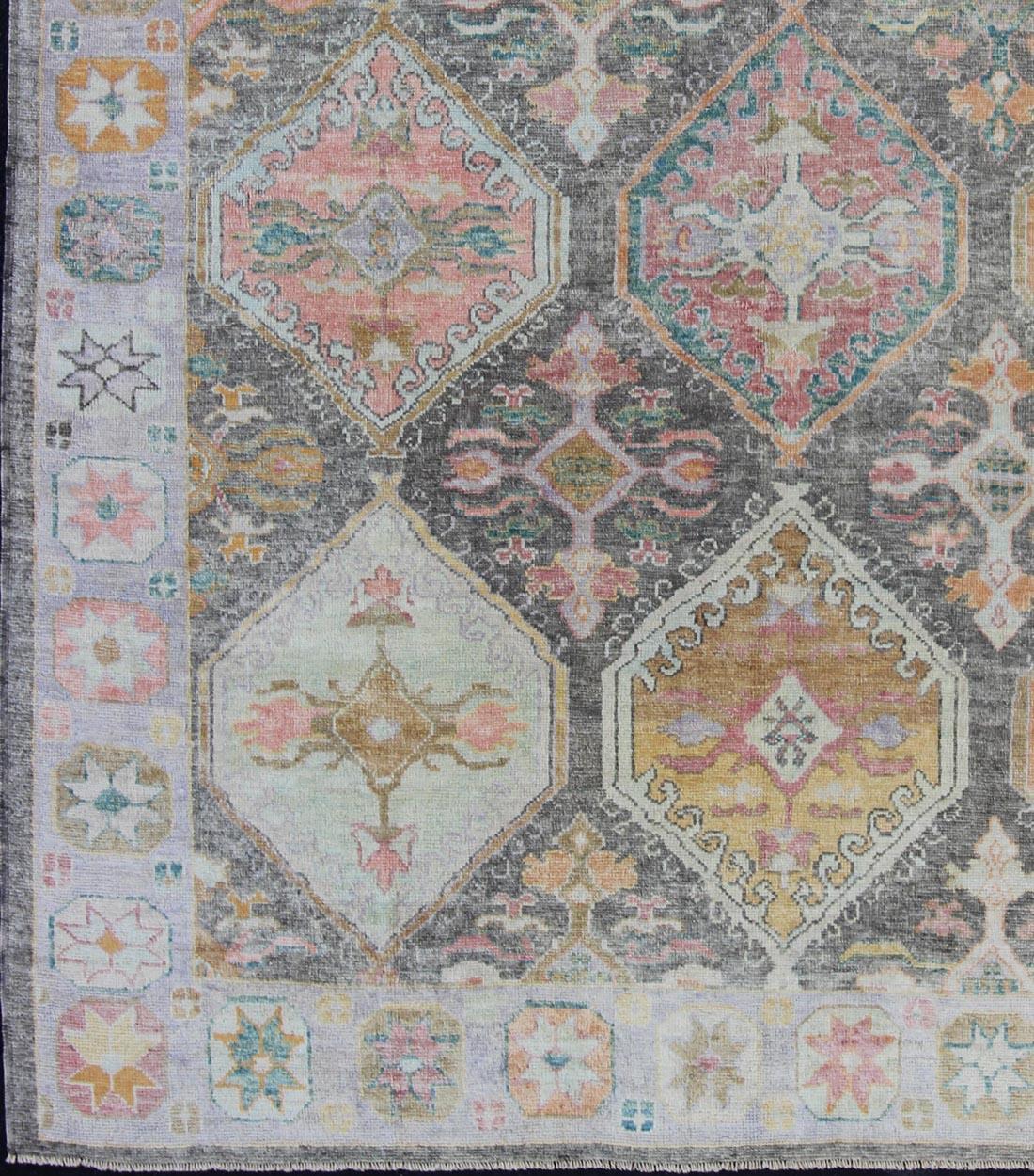 Hand-Knotted Tribal Design Turkish Oushak Rug with Large Medallions in Gray and Multi Colors For Sale