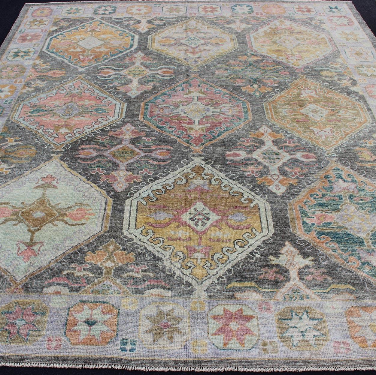 Wool Tribal Design Turkish Oushak Rug with Large Medallions in Gray and Multi Colors For Sale